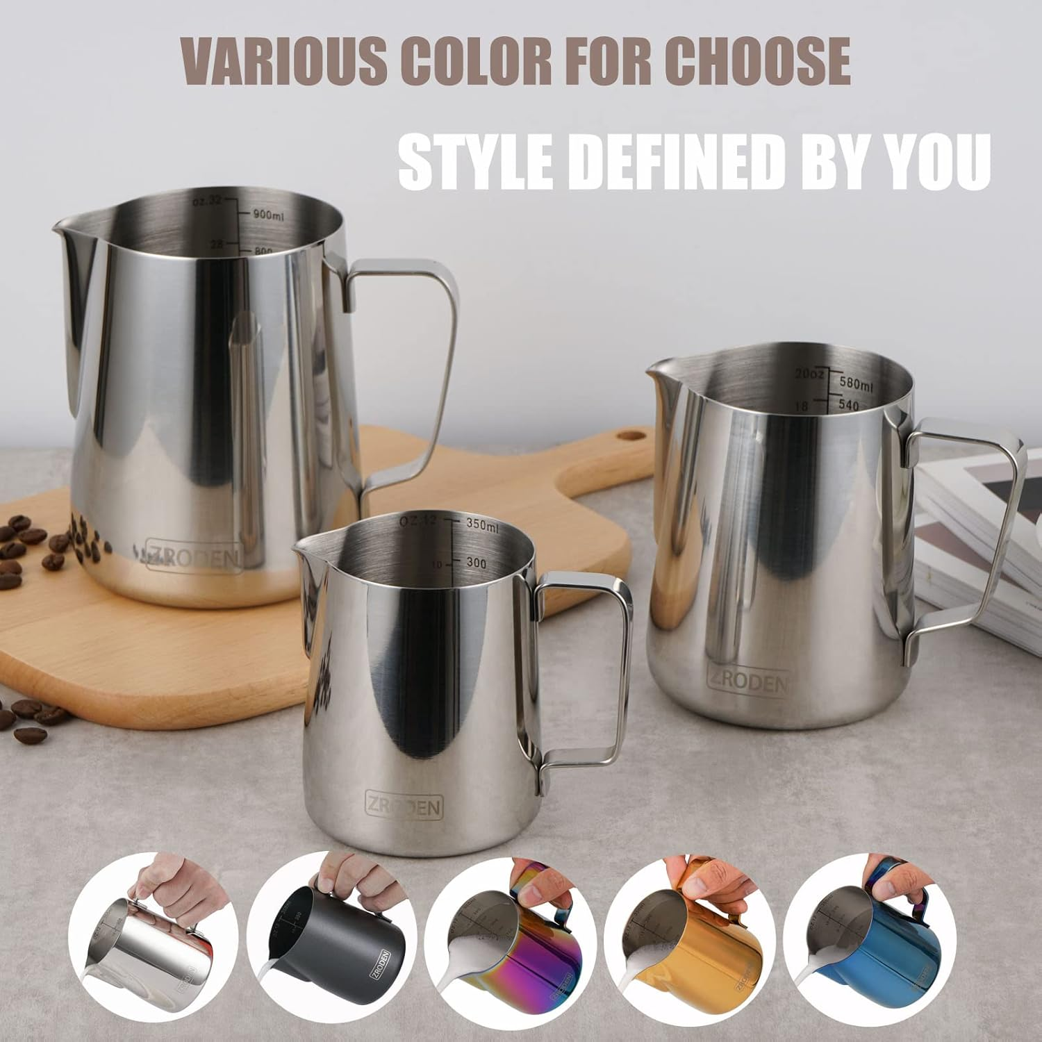 Milk Frothing Pitcher, 12Oz 20Oz 32Oz Espresso Steaming Pitchers Stainless Steel Cappuccino Coffee Machine Accessories Barista Tools Steamer Froth Pitchers Milk Jug Cup with Decorating Pen Latte Art image number 6