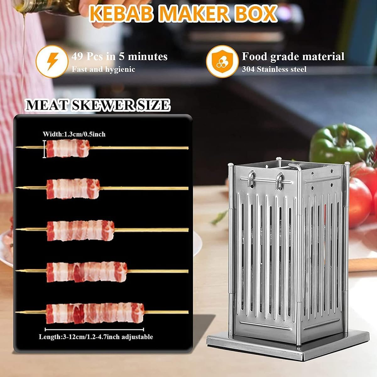 Stainless Steel Meat Skewer Machine, 49 Holes Kabob Maker Box BBQ Tool, with 100 Bamboo Sticks, Adjustable Height, Beef Mutton Meat Grill Machine, for Kitchen, Barbecue Shop, Picnic image number 6