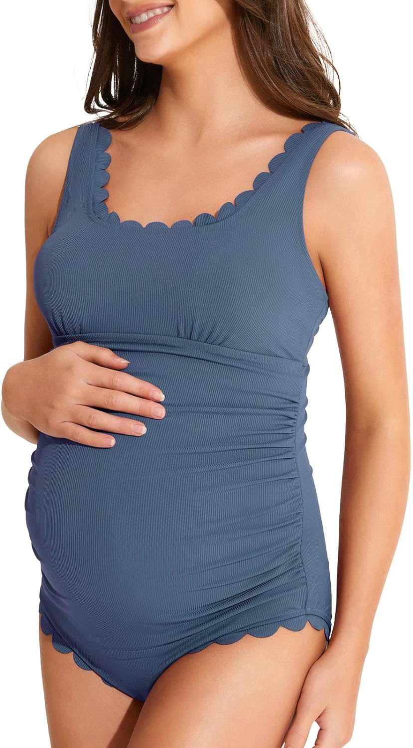 Summer Mae Scalloped Maternity Swimsuit One Piece Ribbed Maternity Bathing Suit Cutout Ruched Pregnancy Swimwear Tie Back