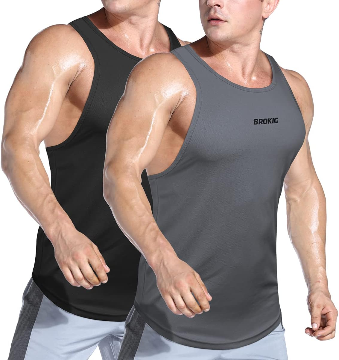 BROKIG Men'S Lightweight Gym Tank Top,Mens 2 Pack Workout Slim Fit Singlet Performance Cool Mesh Muscle Sleeveless Shirt