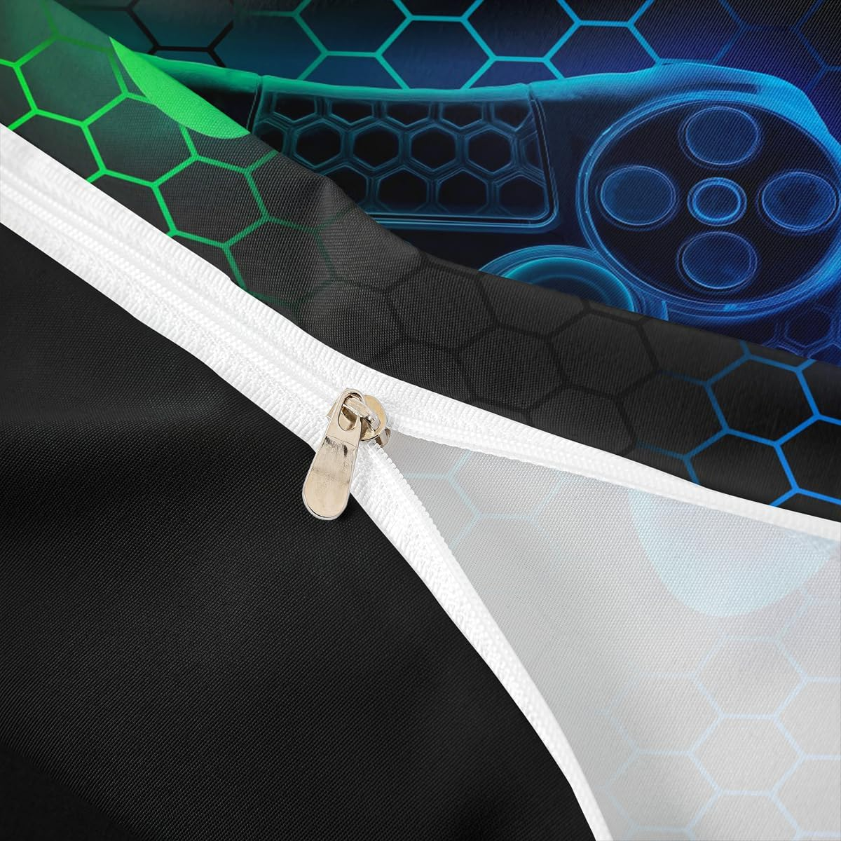 Loussiesd Kids Gamer Honeycomb Duvet Cover Set Single Size for Boys Girls Teens Gaming Geometric Bedding Set Blue Green Neon Gamepad Comforter Cover with 1 Pillowcase Game Room Decor Beds Set