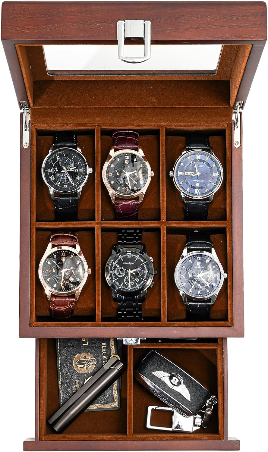 Procase 6 Slots Lacquered Finish Wooden Watch Box for Men, Men&rsquo;S Watch Organizer with Glass Top, 2-Tier Display Case for Wristwatch Storage
