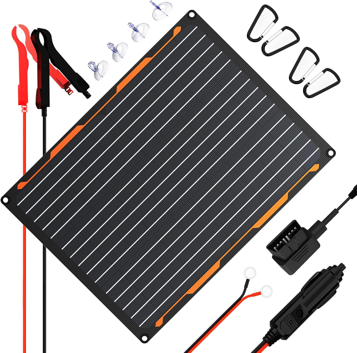 Flexsolar 20W 12V Solar Panel Battery Charger Maintainer Kits Trickle Charger with Built-In Charge Controller, Cig Plug, Alligator Clips, O-Rings OBDII Connector for Car, Truck,Boat,Tractor image number 4
