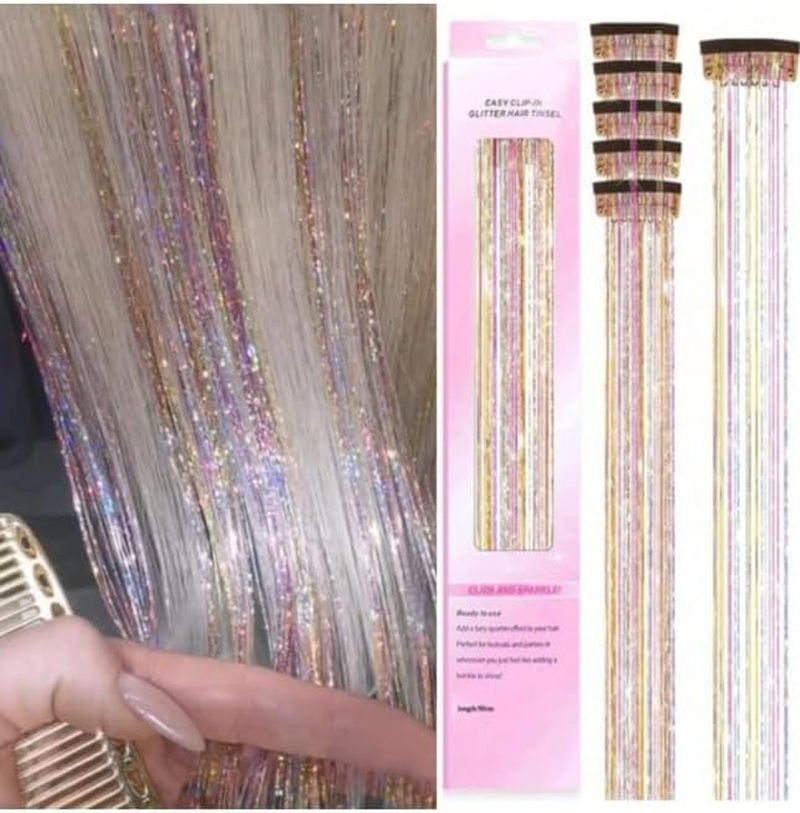 6 Pieces Clip in Glitter Tinsel Hair Extensions. Festival, Party, Dress Up, Glamour, Glitter 20 Inches - Heat Resistant (Bright Blue) - Bright Blue image number 3