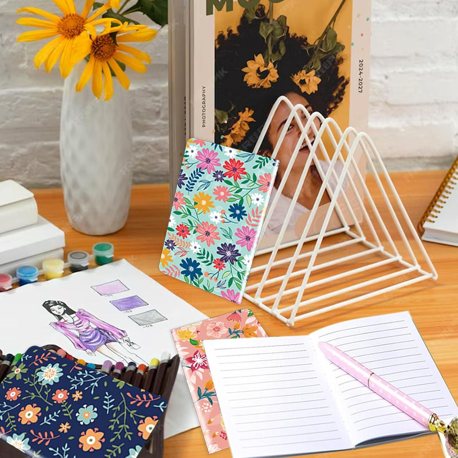 12PCS A5 Aesthetic Notebook, Hardcover College Straight Line Horizontal Line Notebook, Cute Blooming Floral Journaling Notebook with Double Pocket Lined Pages, for Office, School, and Gift