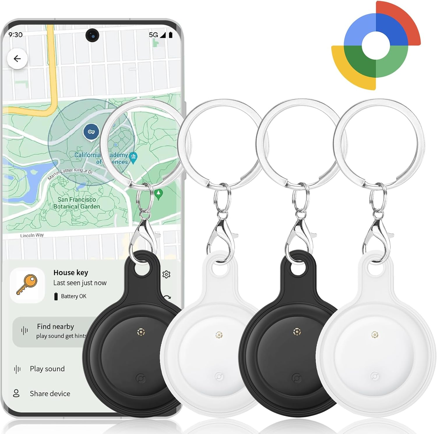 [4 Pack Android Smart Tag] Bluetooth Tracker for Android Phones. Google Certified Smart Tracking Tag for Google Find My Device App. Item Finder Locator for Keys, Luggage, Purse and More(2Black+2White)