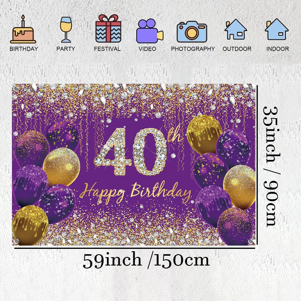 40Th Birthday Decoration Women, Purple Fabric Sign Poster Birthday Party Decoration Background Banner Women, 40Th Birthday Party Decoration, 59"X35.4" image number 3