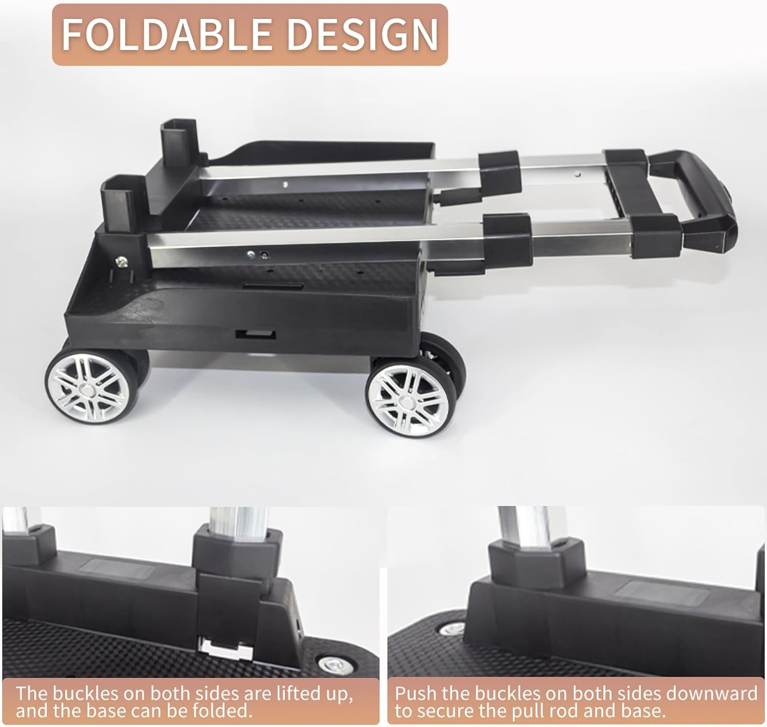 Backpack Trolley Wheeled Cart, Foldable Aluminium Alloy Hand Truck with Edge Guard Base, 4 Spinner Wheels, Luggage Cart with Luggage Strap for Teenagers, Adults, School,Luggage Trolley for Travel image number 2