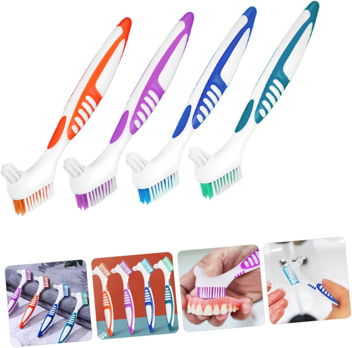 PENIKOKO 8Pcs Double-Sided Denture Cleaning Brushes for Braces and Soft Toothbrush in Blue Green Purple Orange Portable Travel Oral Hygiene Tool image number 4