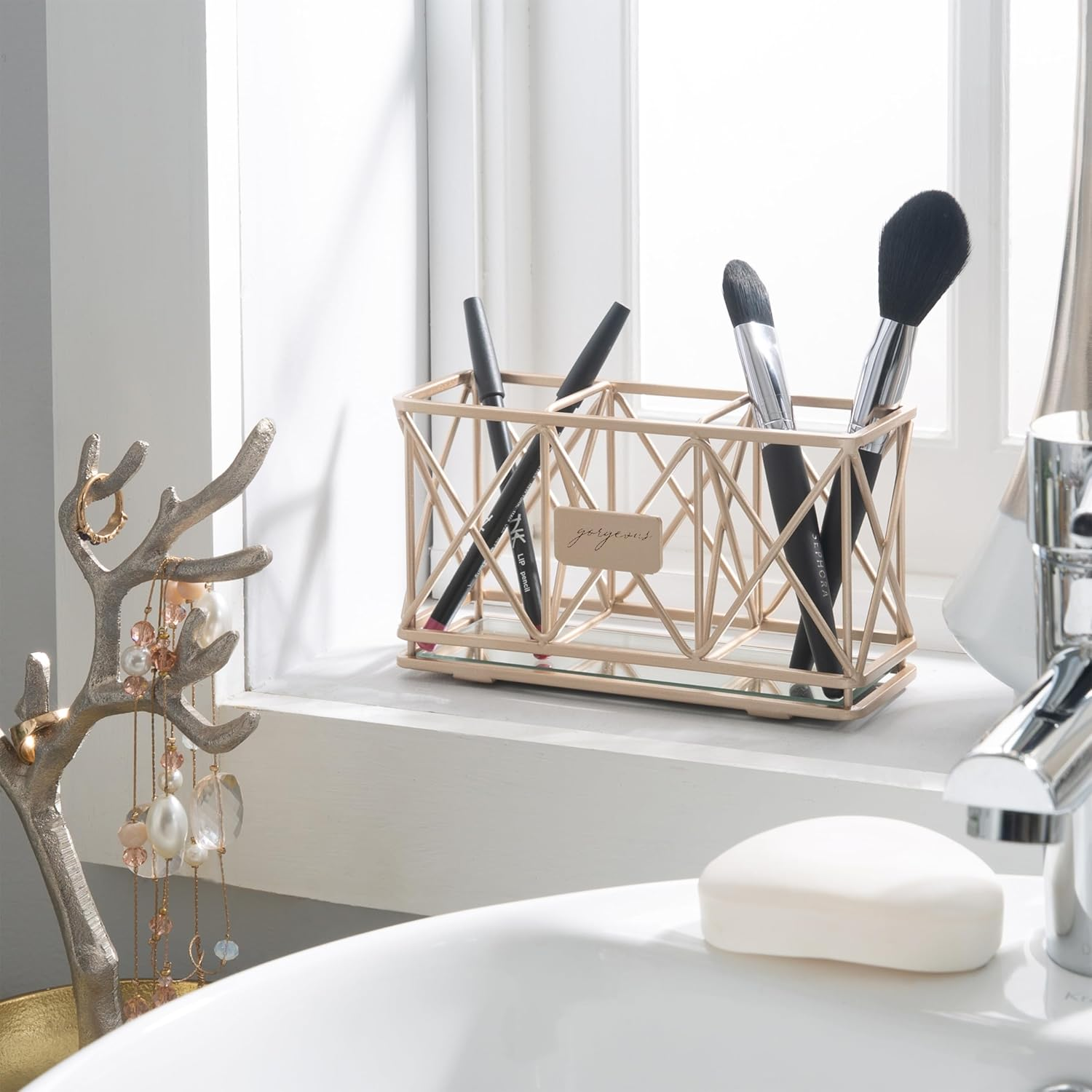 Home Details Mirrored, Pencil, Vanity Organizer, for Closet, Dresser, Bathroom, Office, Stylish Decor 3 Compartment Cosmetic Brush Holder, Rose Gold - Rose Gold image number 2