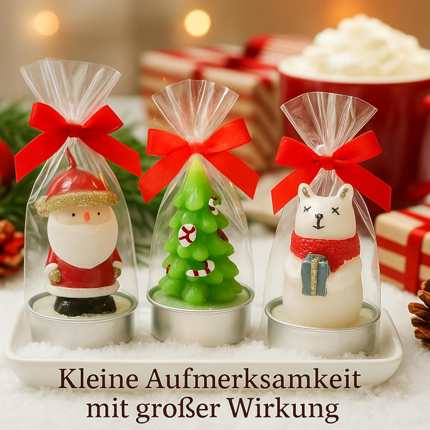 MIJOMA Christmas Tea Lights Set of 24 - Handmade Decorative Candles with Santa Claus Polar Bear Christmas Tree - Christmas Decoration Gift Idea with Long Burning Time image number 3