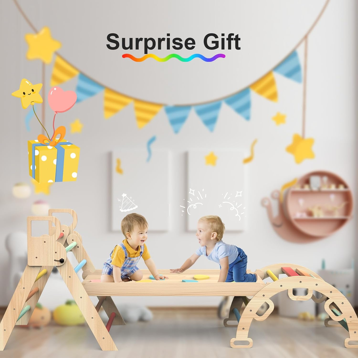 Pikler Triangle Set, 7In1 Foldable Baby Montessori Climbing Toys, Wooden Climber Indoor Jungle Gym for Toddlers image number 4