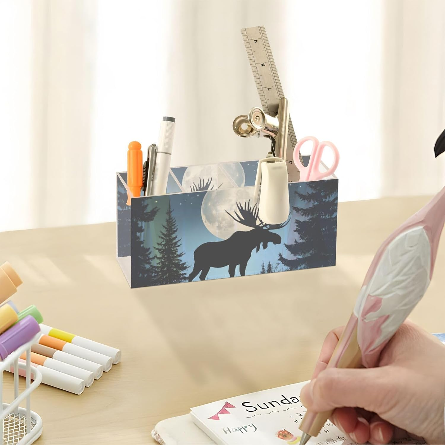 Silhouette Moose Moon Acrylic Pen Holder 4 Compartments, Pencil Holder for Desk, Makeup Brush Holder, Office Desk Storage Organizer for Dorm, Home, Desk Accessories image number 4
