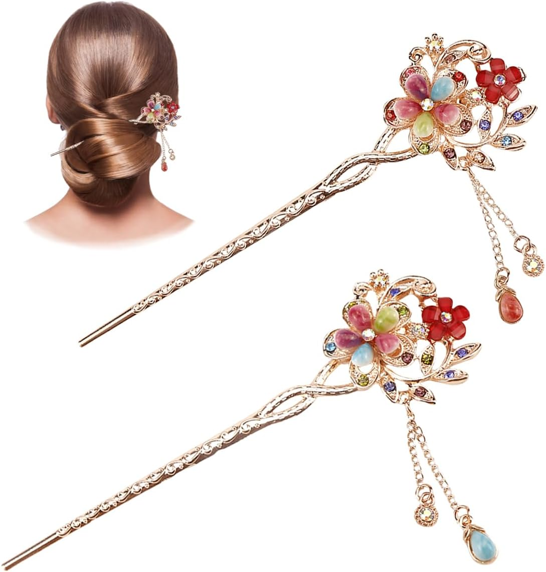 LNQ LUNIQI Chinese Hair Sticks Gold, Pack of 2 Vintage Hair Sticks with Pendant, Elegant Hair Stick with Rhinestones for Decorative Hair, Solid Hairstyle, 15 Cm image number 4