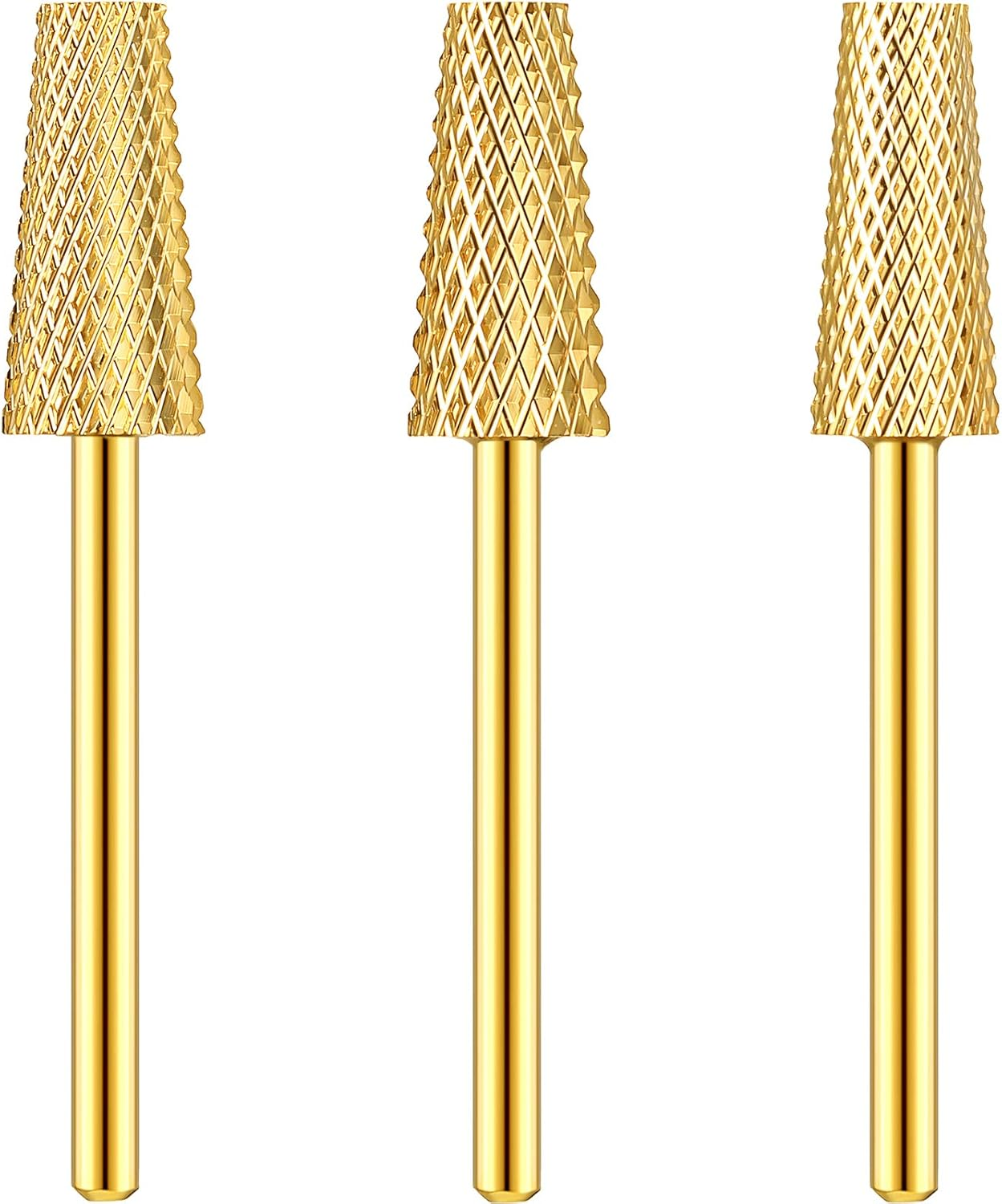 3 Pieces Tapered Barrel Carbide Nail Drill Bit, 3 Sizes Carbide Nail Drill Bit Acrylic File Cuticle, Art Tools for Gel Manicure Pedicure(Xf, F, M,Gold)