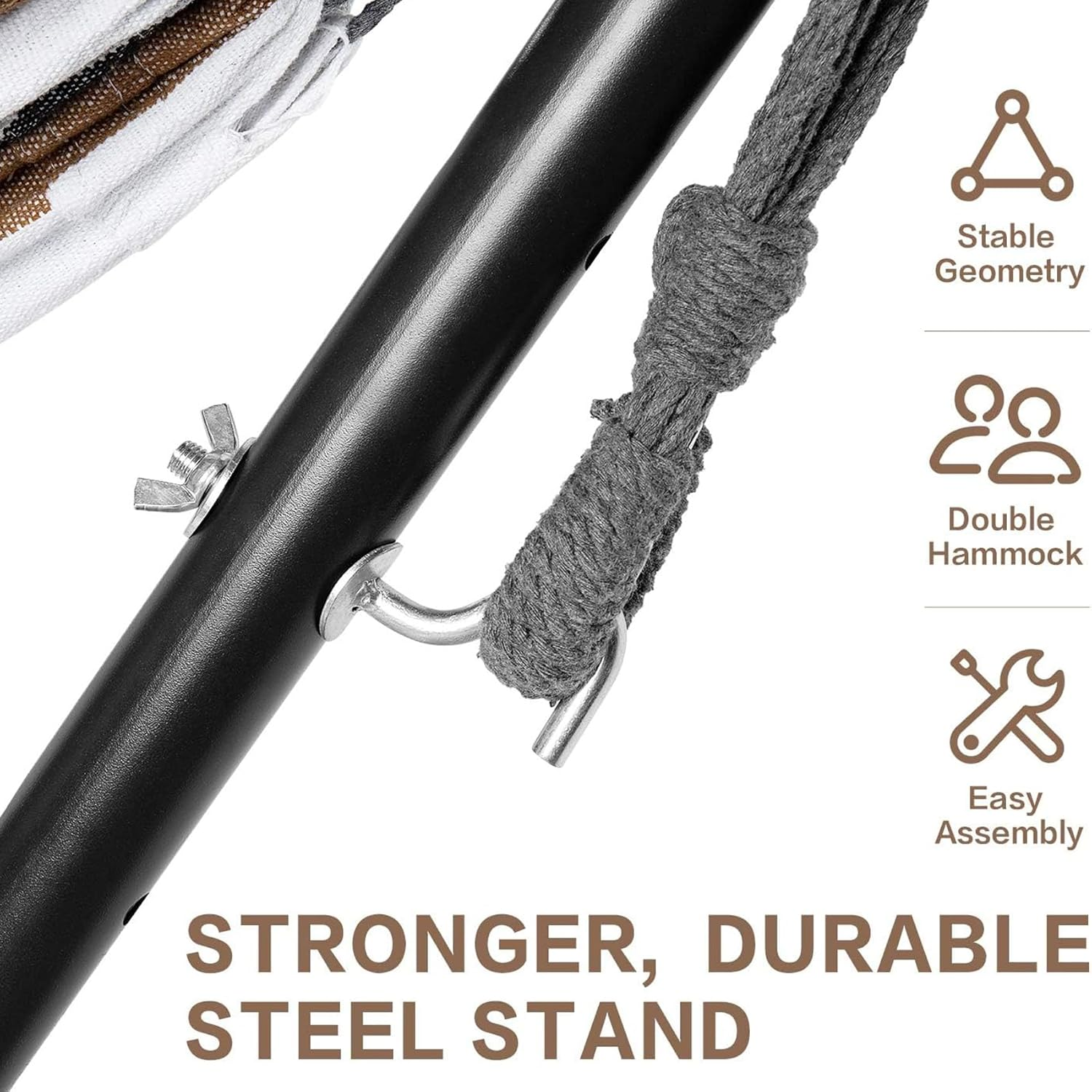 Double Hammock with Space Saving Steel Stand, 2 Person Outdoor Standing Hammocks with Portable Carrying Bag, 250Kg Capacity Coffee 260 * 107 * 109Cm image number 2