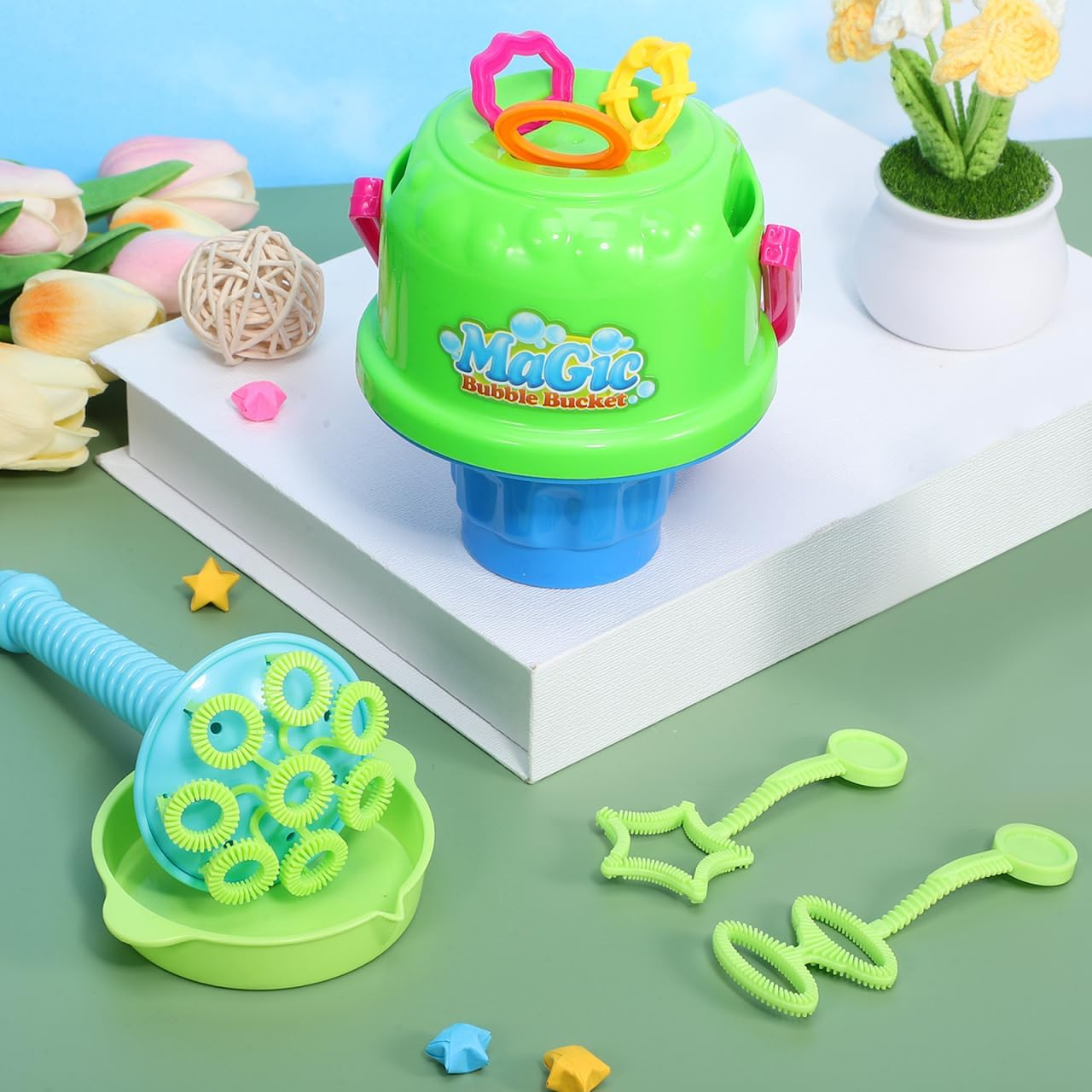 Totority Kids Bubble Machine Set - Spill Proof Bucket & Horn Bubble Wand, Safe Abs Plastic, Sound Effects, Portable & Easy to Use for Outdoor Play