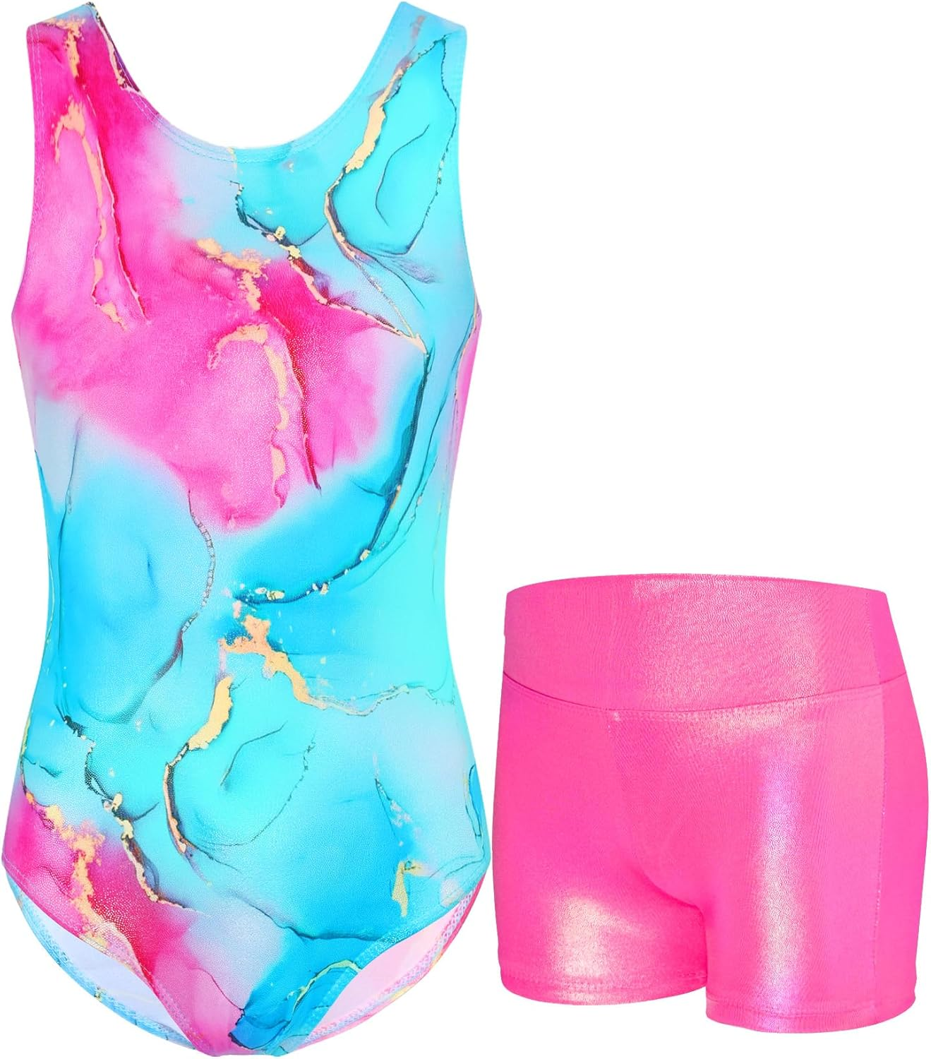 Gymnastics Leotards for Girls Sparkly Tumbling Bodysuits with Shorts Athletic Activewear Sleeveless Dance Outfit