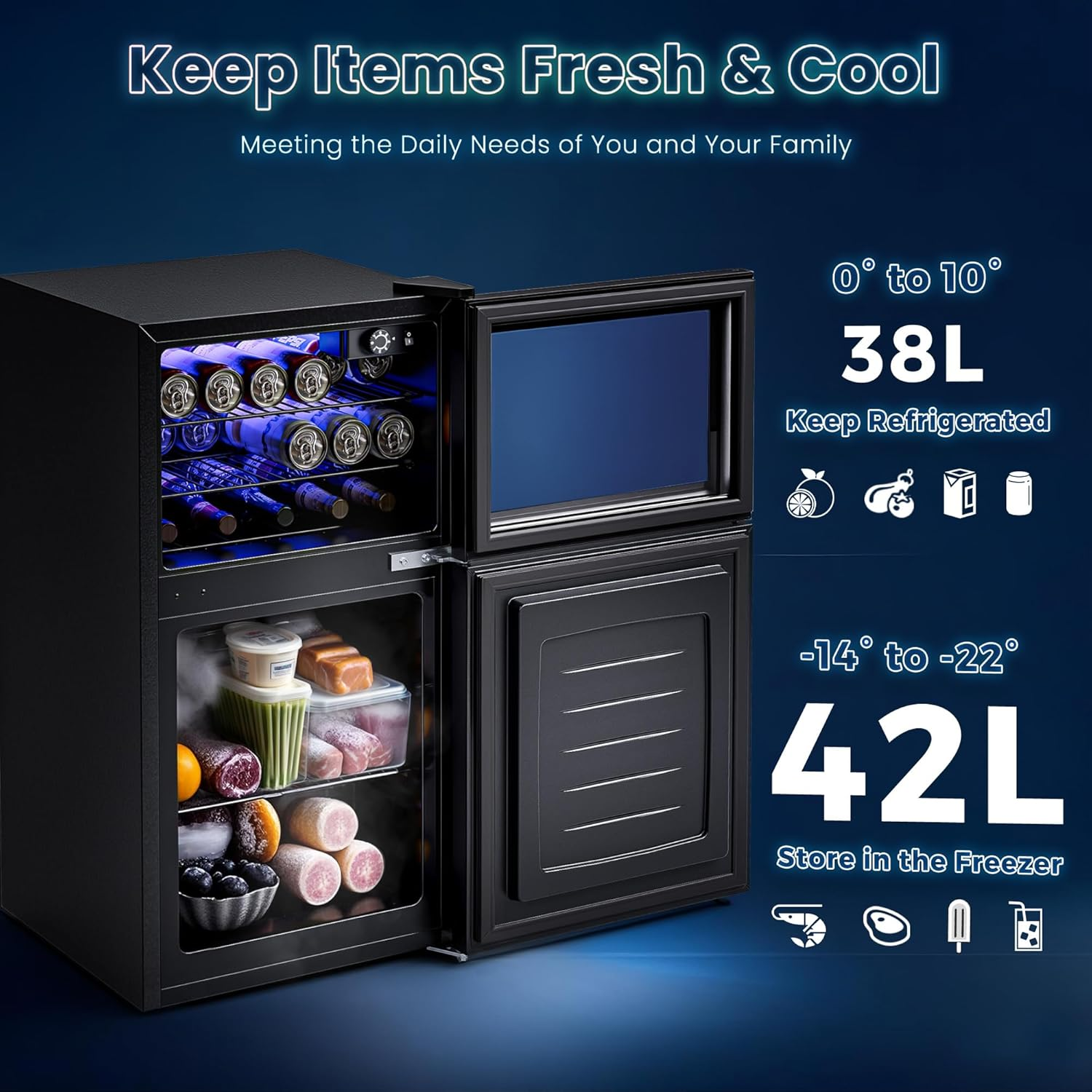 Advwin 80L Refrigerator with Freezer,2-Door Mini Fridge,Compact Drink Chiller with 7-Level Temperature Control 38Db Low Noise Reversible Door,Wine Cooler for Dorm,Kitchen, Bedroom, Office Use image number 1