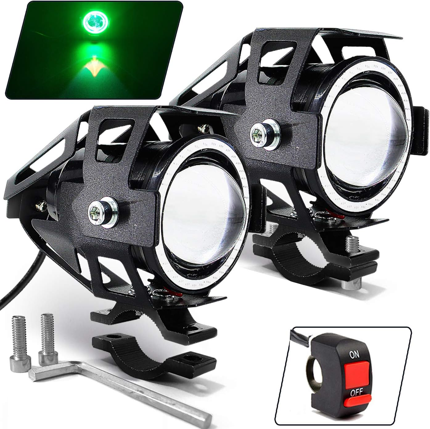 Motorcycle LED Fog Lights U7 Spotlight Daytime Running Lights with Green Angel Eyes Halo Ring and Switch 2-Sets