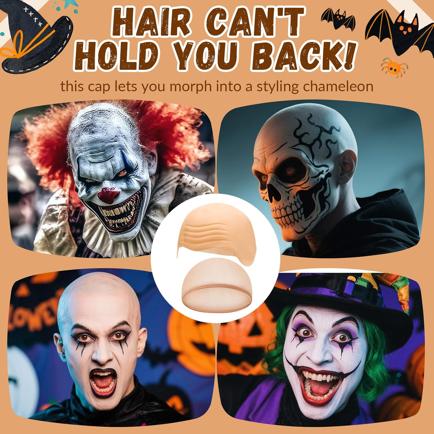 JOLYEAK 2 Pcs Bald Caps Latex Bald Cap with Nylon Wig Caps Makeup Costume Accessories Adult Cosplay Party Supplies image number 1