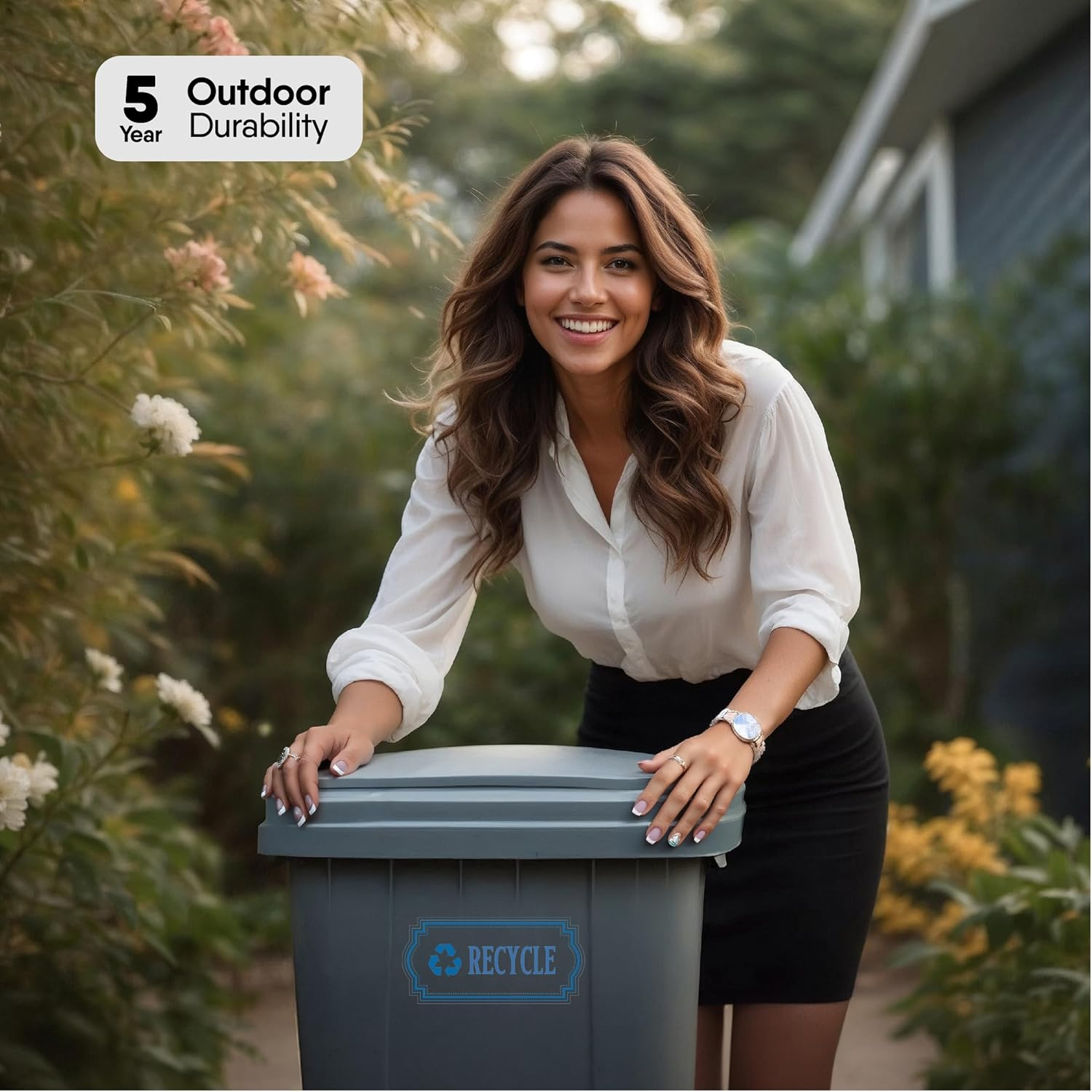 Recycle and Trash Stickers for Garbage Cans &ndash; Blue Premium Clear Vinyl Recycling Bin Labels &ndash; 4 Pack - 6.7" by 3.15" Decals Logo - Waste Signs for Home Kitchen or Office Bins Indoor/Outdoor Use image number 1