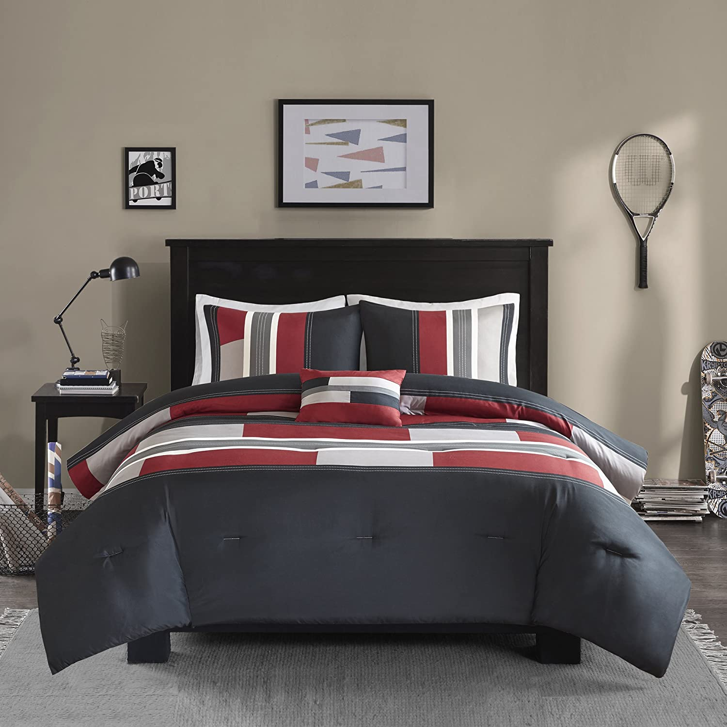 Comfort Spaces Casual Comforter Set Sporty Design, Vibrant Color, Active Lifestyle Boys Bedroom D&eacute;cor, All Season Soft Microfiber Bedding Set, Decorative Pillow, Sham Black/Red Twin/Twin XL 3 Piece image number 1