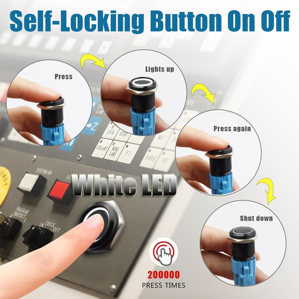 Yakamoz 2Pcs 16Mm Waterproof Latching Push Button Switches, 12V Self-Locking Button on off with Sockets White LED Wiring Harness for Automotive, Marine, Industrial Machinery and DIY. image number 3