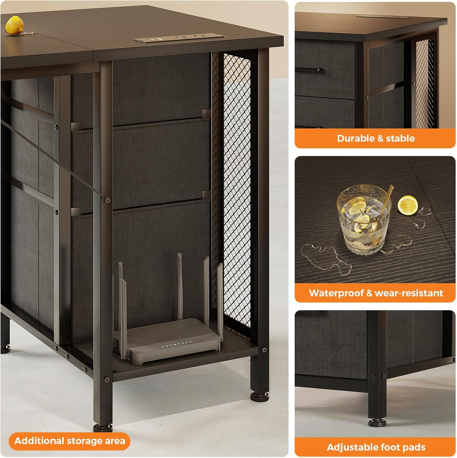 ODK 160Cm Computer Desk with 2 File Cabinets and 4 Fabric Drawers, Home Office Desk with Power Outlets, PC Table with Storage,Study Table for Bedroom Office Gaming,160 * 53 * 76Cm,Black image number 6