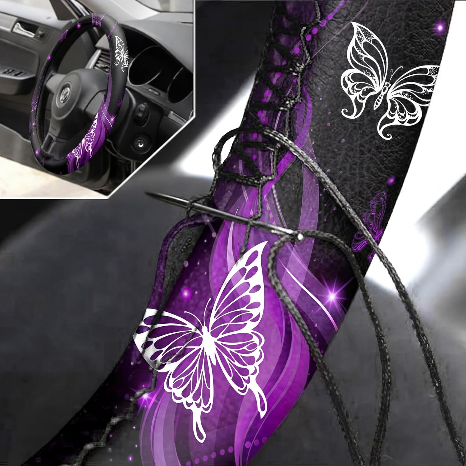 Frienda 10 Pcs Car Seat Covers for Women Accessories Interior Seat Covers with Steering Wheel Cover, Wrist Strap, Car Cup Mats, Armrest Pad, Shoulder Pad, Key Chain(Butterfly) image number 2