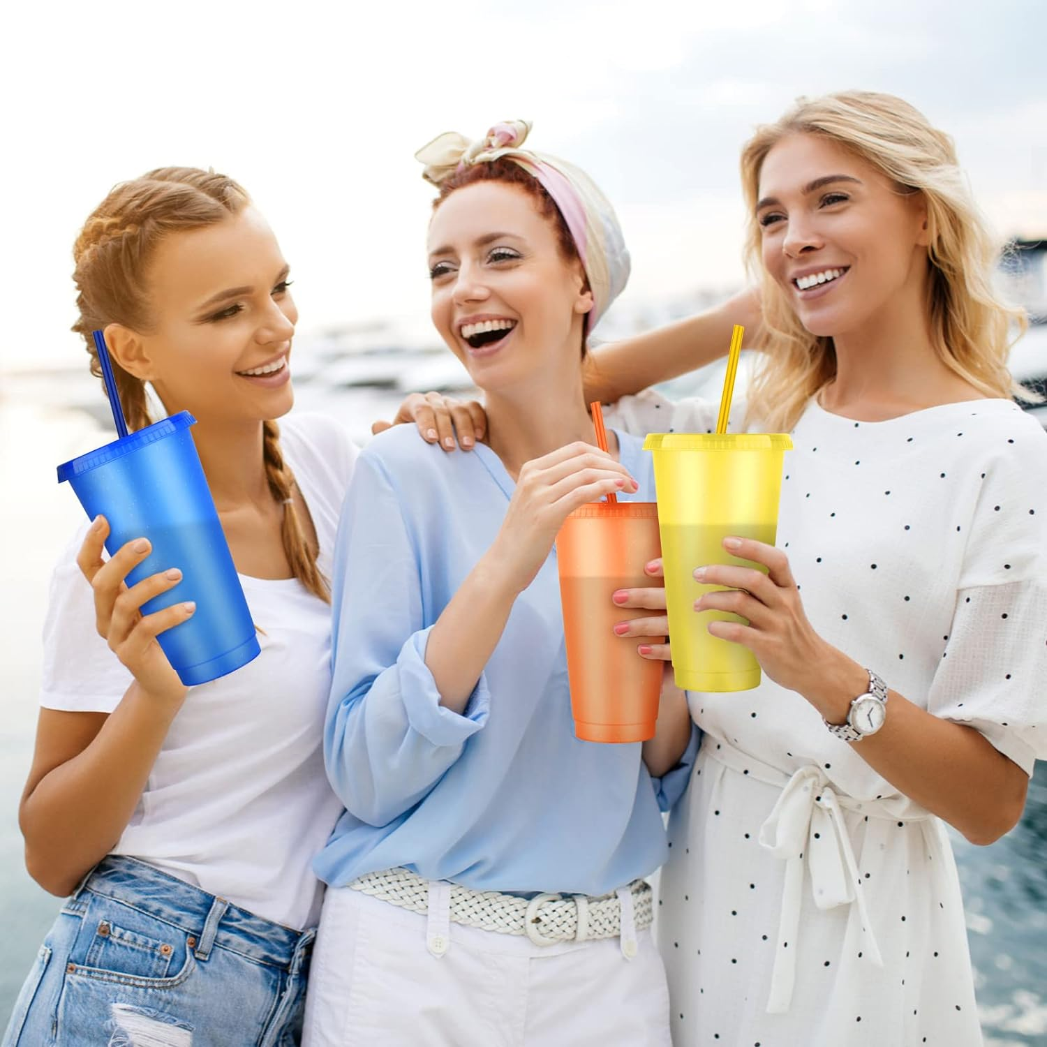 24Oz Reusable Plastic Cups with Straws & Lids:10 Pack Cold Iced Coffee Drinking Cup Colorful Straw Tumblers Bulk - Cute Durable Travel Party Cup for Adults image number 6