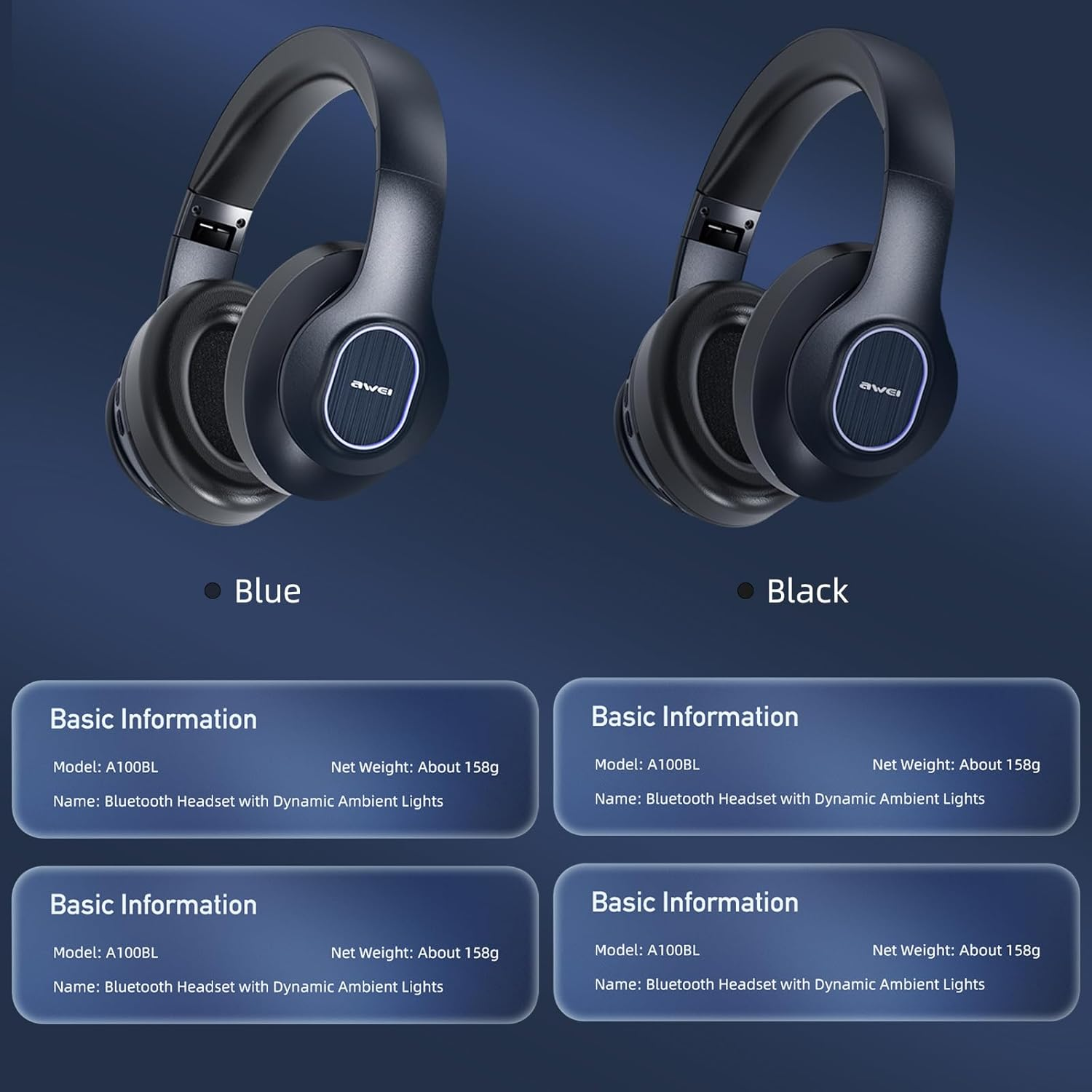 AWEI A100BL over the Head Wireless Headphones, Wireless Bluetooth Headphones, 7-12H Playtime Hi-Res Audio Memory Foam Ear Cups for Travel Home Office Cellphone PC image number 5
