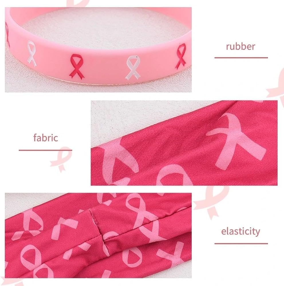 Breast Cancer Awareness Headbands Bracelet Set for Women Pink Ribbon Wristband Hair Band for Breast Cancer Month Events - Pink image number 4