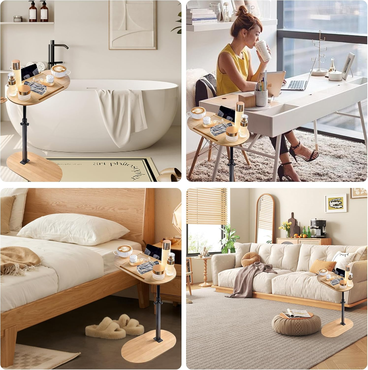 Bamboo Bathtub Tray Table, Height Adjustable & 360&deg; Rotated with Wine Glass Phone Holder for Home Spa image number 3