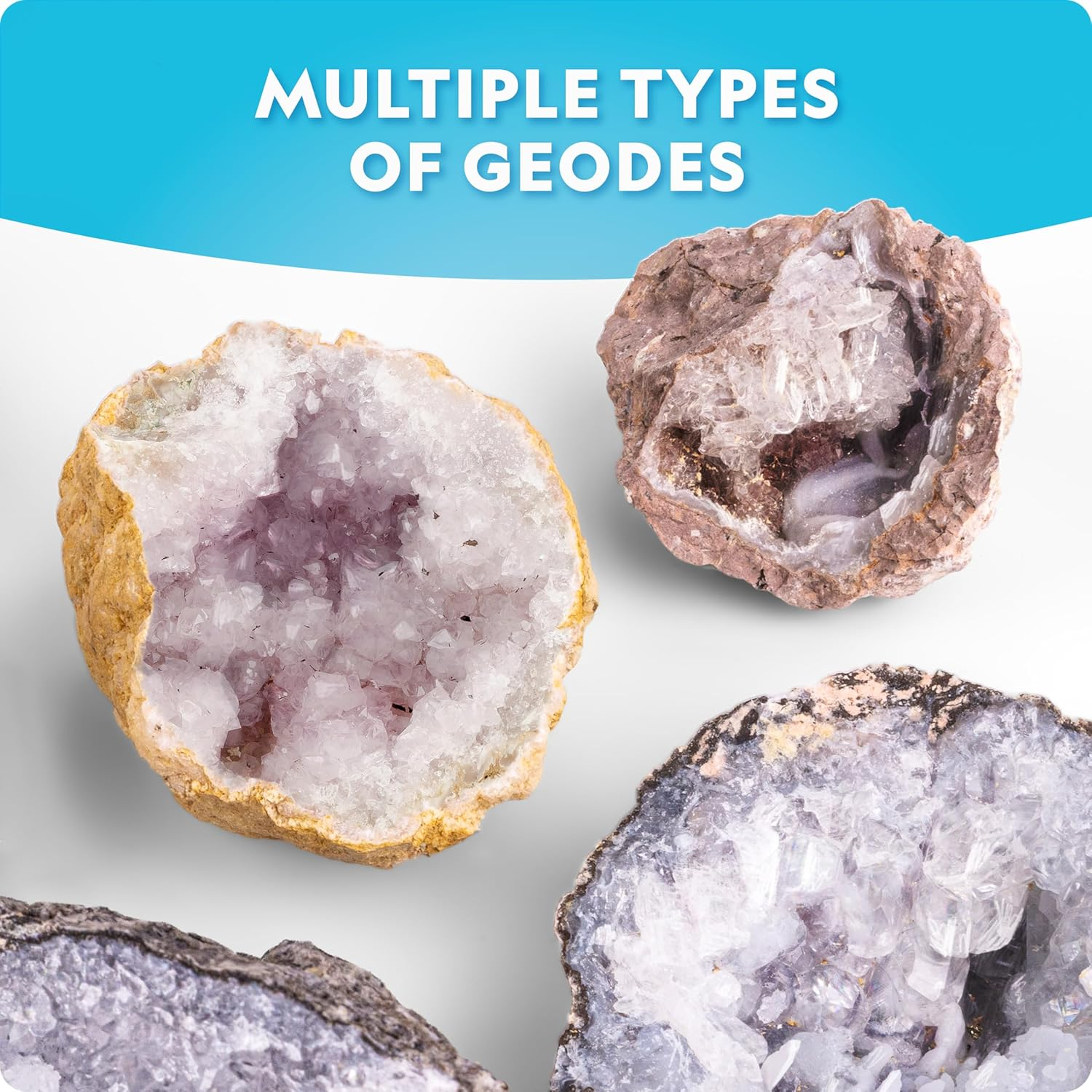 National Geographic Break Open 15 Premium Geodes - with Goggles, Detailed Learning Guide, 3 Display Stands, Great Stem Science Toy & Educational Kit image number 4