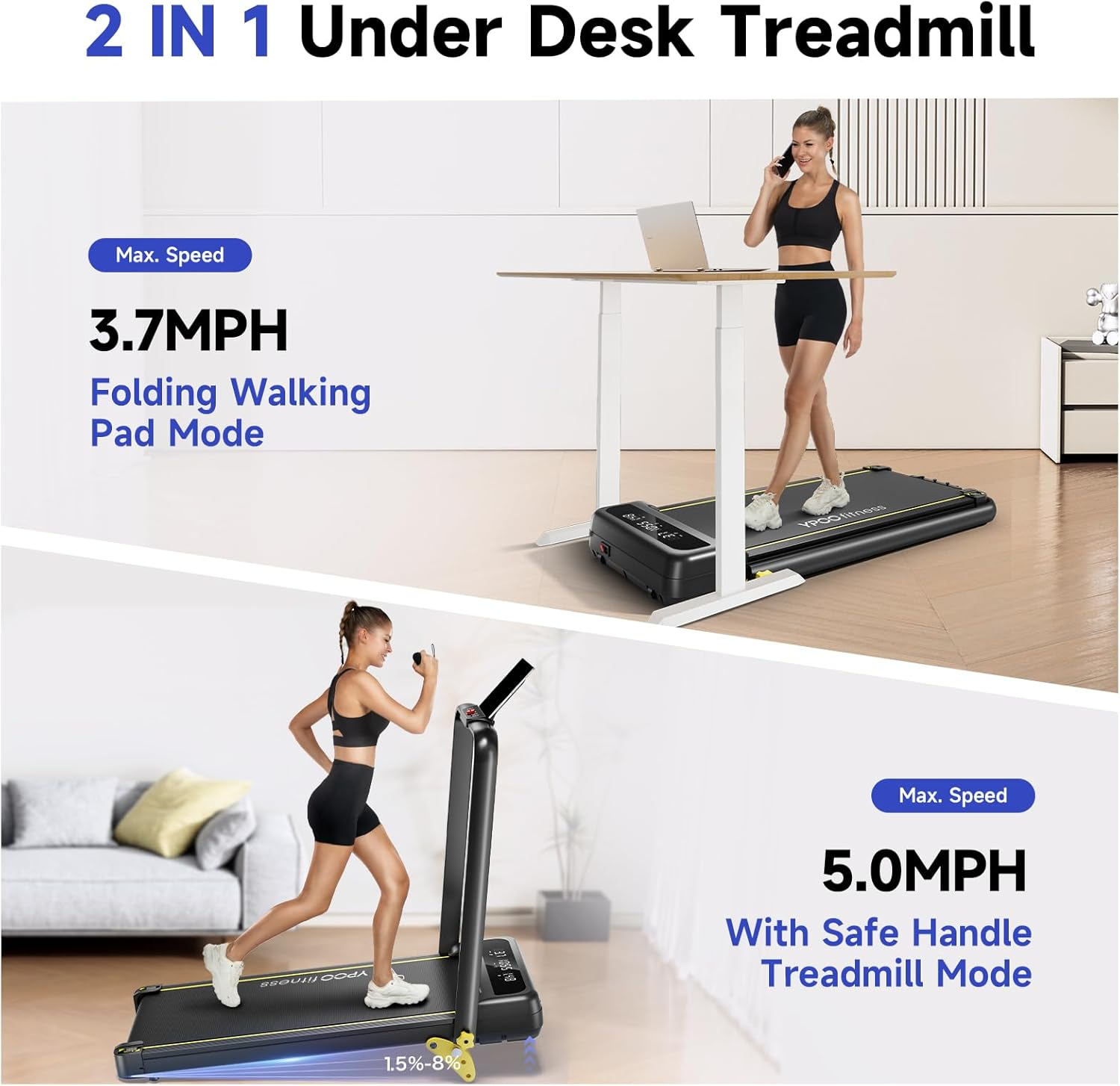 YPOO Walking Pad Treadmill, Incline Walking Pad with Handle, Foldable Treadmills for Home & Office, Compact under Desk Running Machine for Workout Exercise Quiet image number 1