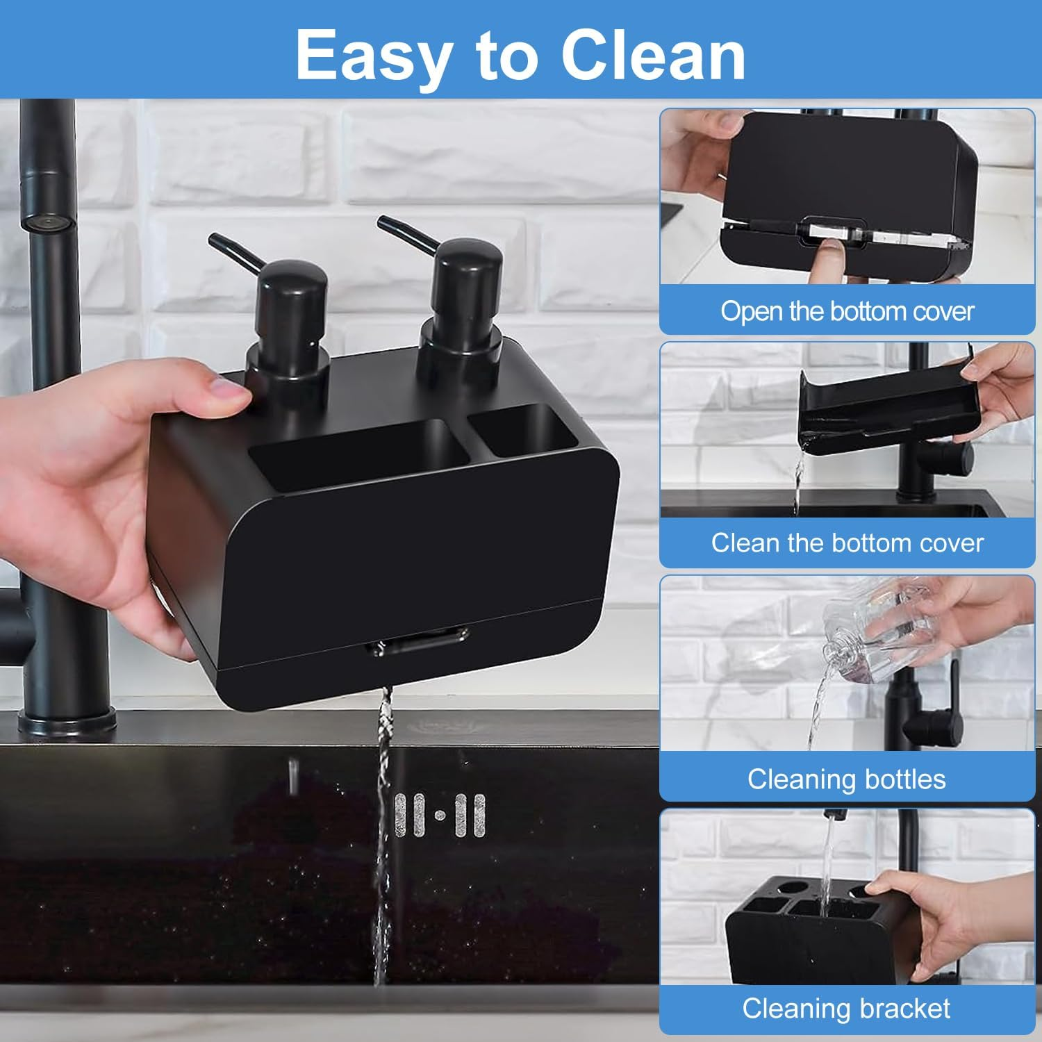 Kitchen Soap Dispenser with Silicone Funnel, Hand and Dish Soap Dispenser and Sponge Caddy and Brush Holder, 4 in 1 Countertop Organizer for Kitchen Sink(Black)