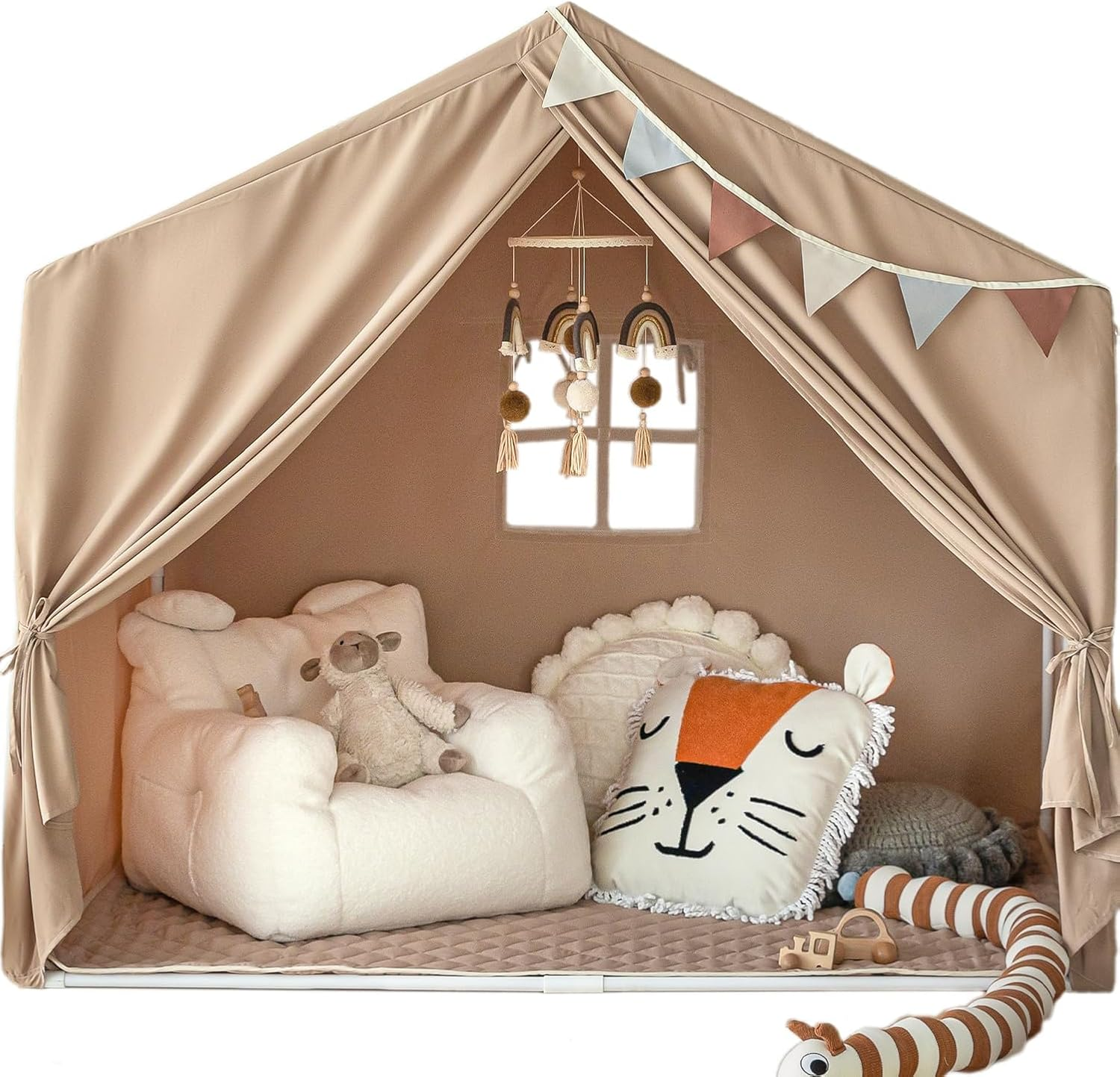 Kids Play Tent with Mat, Large Play Tent Indoor with Star Lights and Windows, Playhouse for Boys and Girls Aged 3+, Kid Tent with Mat Washable (Beige)