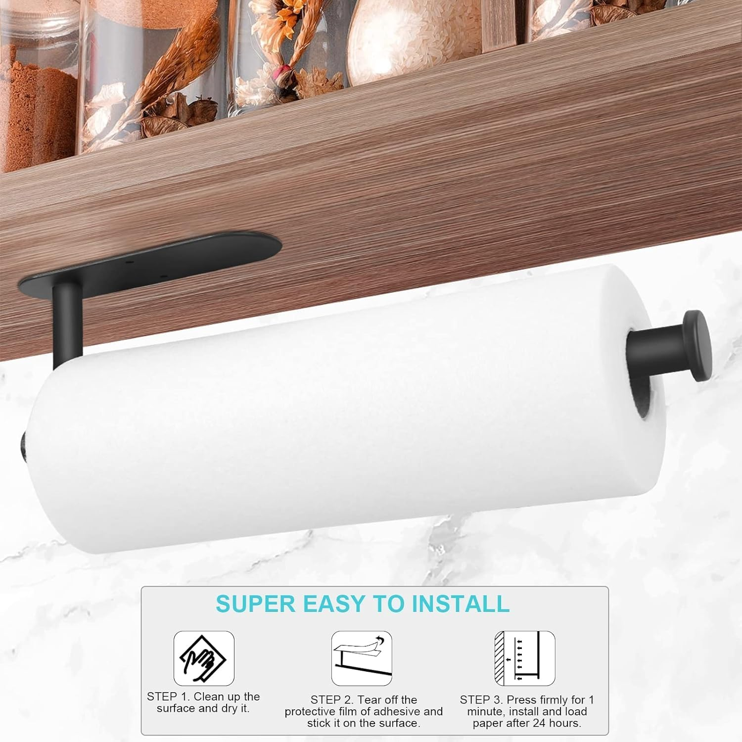 Paper Towel Holder, under Cabinet Paper Towel Holder Wall Mount for Kitchen, Premium Stainless Steel Holder, Aesthetic Design Black Paper Towel Rack