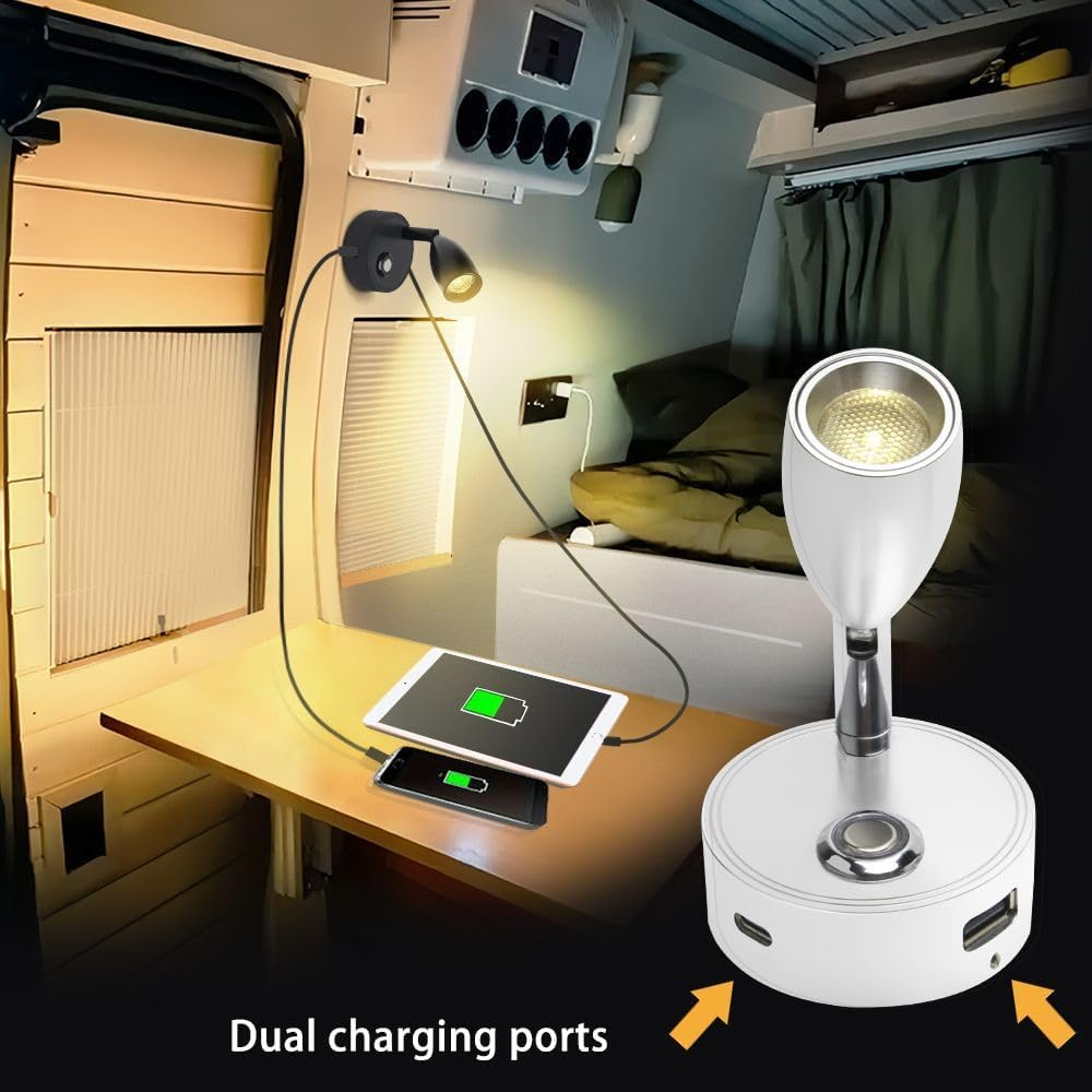 12V LED RV Reading Light with Dual Charging Ports, 3CCT Touch Control Dimmable12V Bedside Light Fixture Spotlight for Motor-House Camper Caravan Vehicle Vessel Boat Yacht (Silvery) image number 3