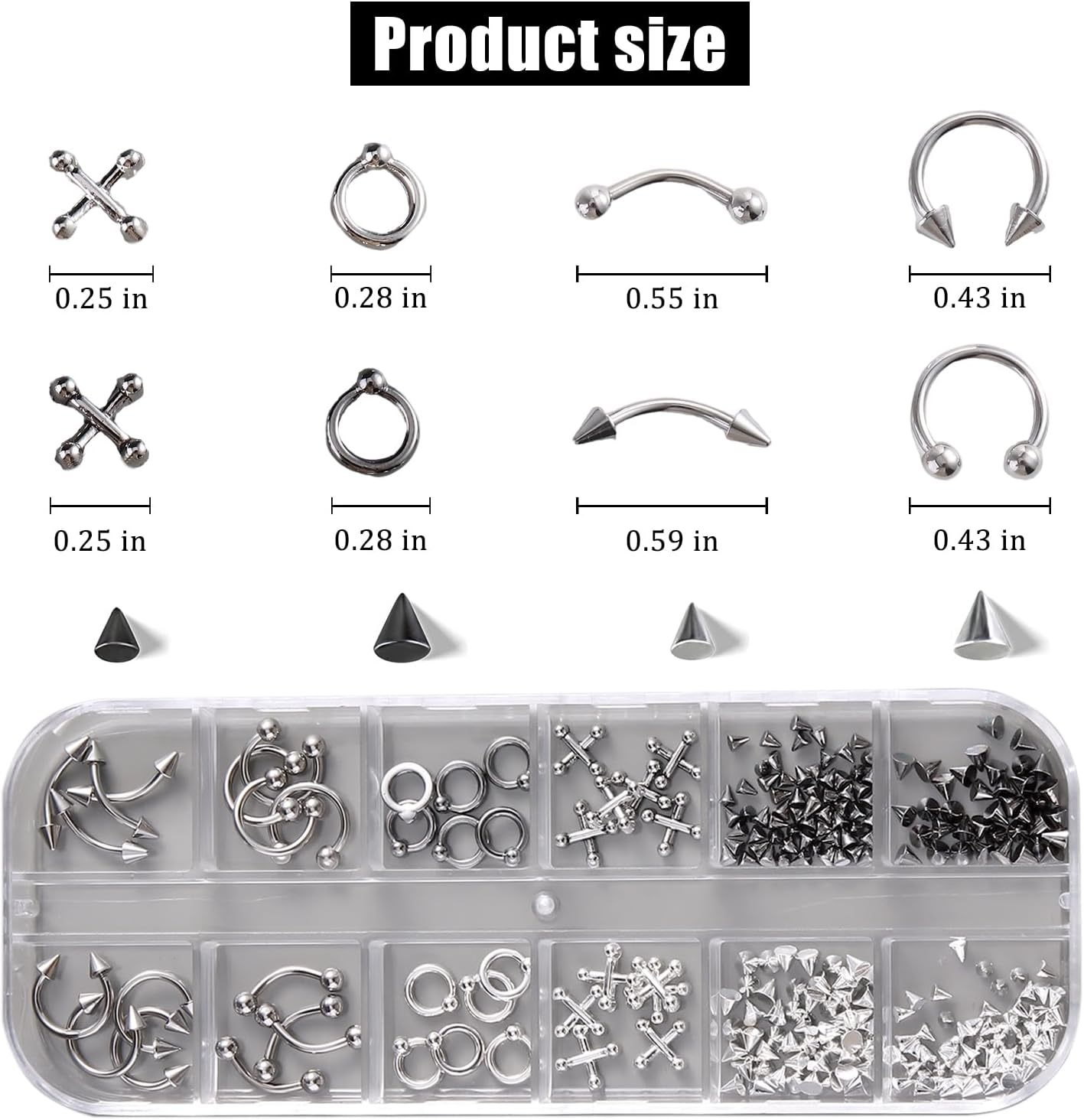 Fspronail Nail Piercing Charms, Black Silver Charms for Nails Metal Punk Goth Charm Cross Stud Rivet Spike Ring Piercing Jewelry Manicure Supplies Y2K Decoration DIY Craft (Silver Black 2)