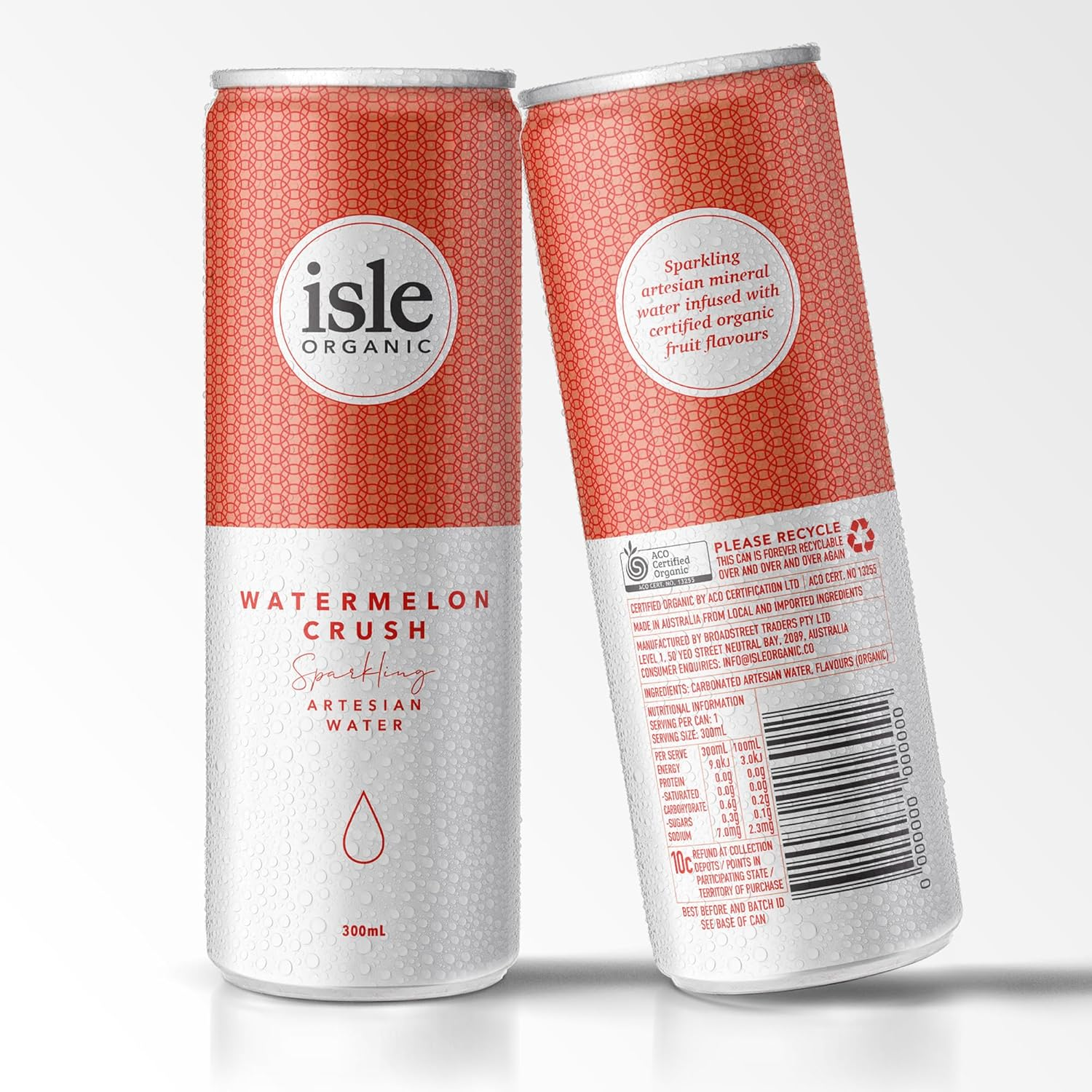 Sparkling Water, WATERMELON CRUSH, Certified Organic, Low Calorie, Flavoured Spring Water, Case of 12 Cans &ndash; Isle Organic image number 4