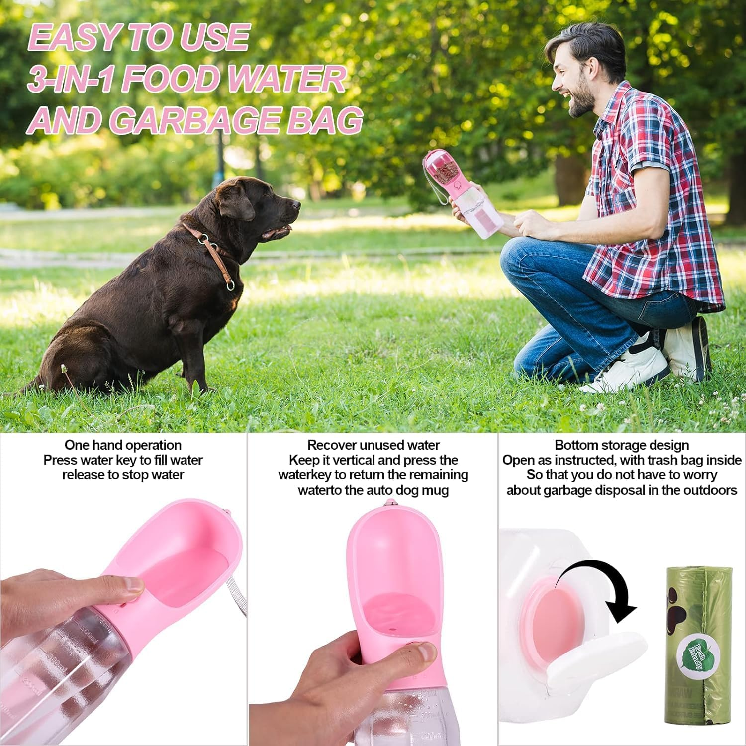 Dog Water Bottle with Food Container & Poop Bag Holder, Portable Pet Dispenser, Dog Stuff Accessories Items, Puppy Essentials Necessities for Yorkie Chihuahua Walking Hiking (Pink) image number 4