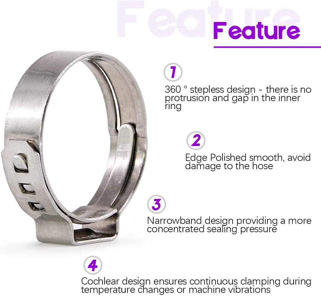 Swpeet 120Pcs 8 Sizes 304 Stainless Steel Single Ear Hose Clamps, Crimp Hose Clamp Assortment Kit Ear Cinch Rings Crimp Pinch Fitting Tools Perfect for Automotive, Home Appliance Line image number 2