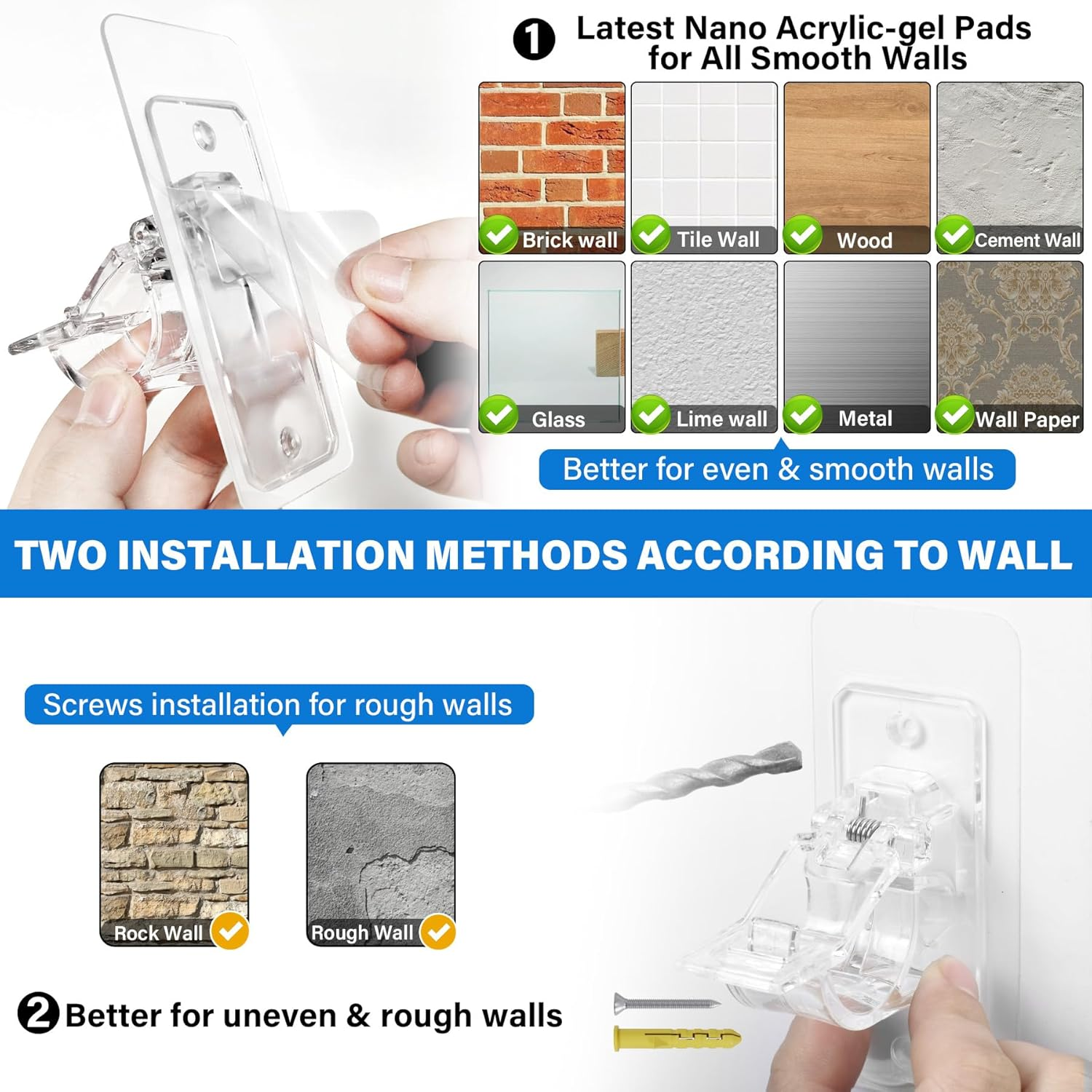 6-Pack No Drill Needed Curtain Rod Holders Brackets, Self Adhesive Rod Holder Hooks, Multipurpose Nail Free Stick on Curtain Rod Hooks