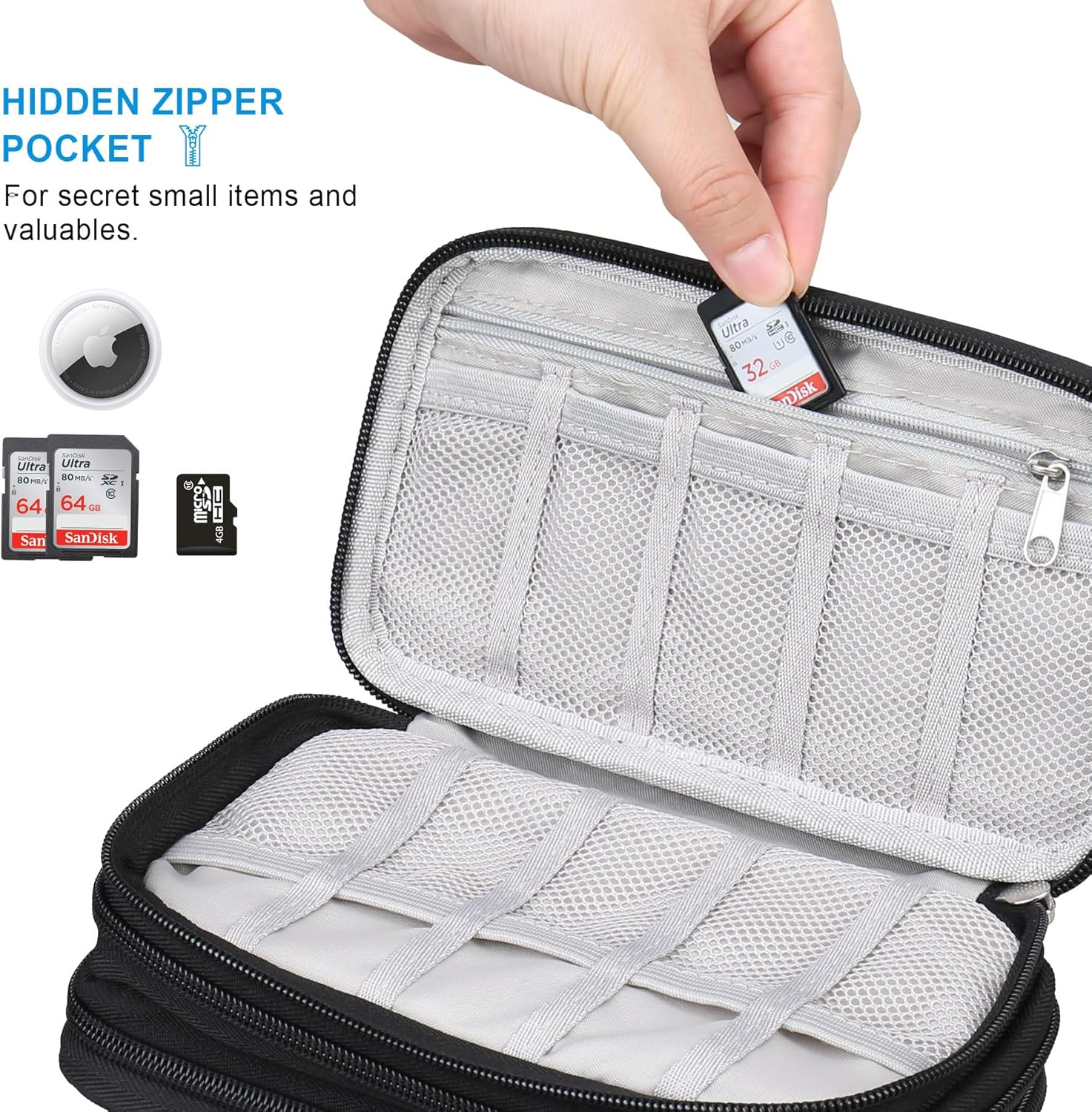 Lacdo USB Flash Drive Case with Labels, USB Case Organizer Thumb Drive Holder Portable Storage Bag Large Capacity for Sandisk/Samsung Flash Drives Jump Drive Memory Stick, SD Card, Cable, Black image number 5