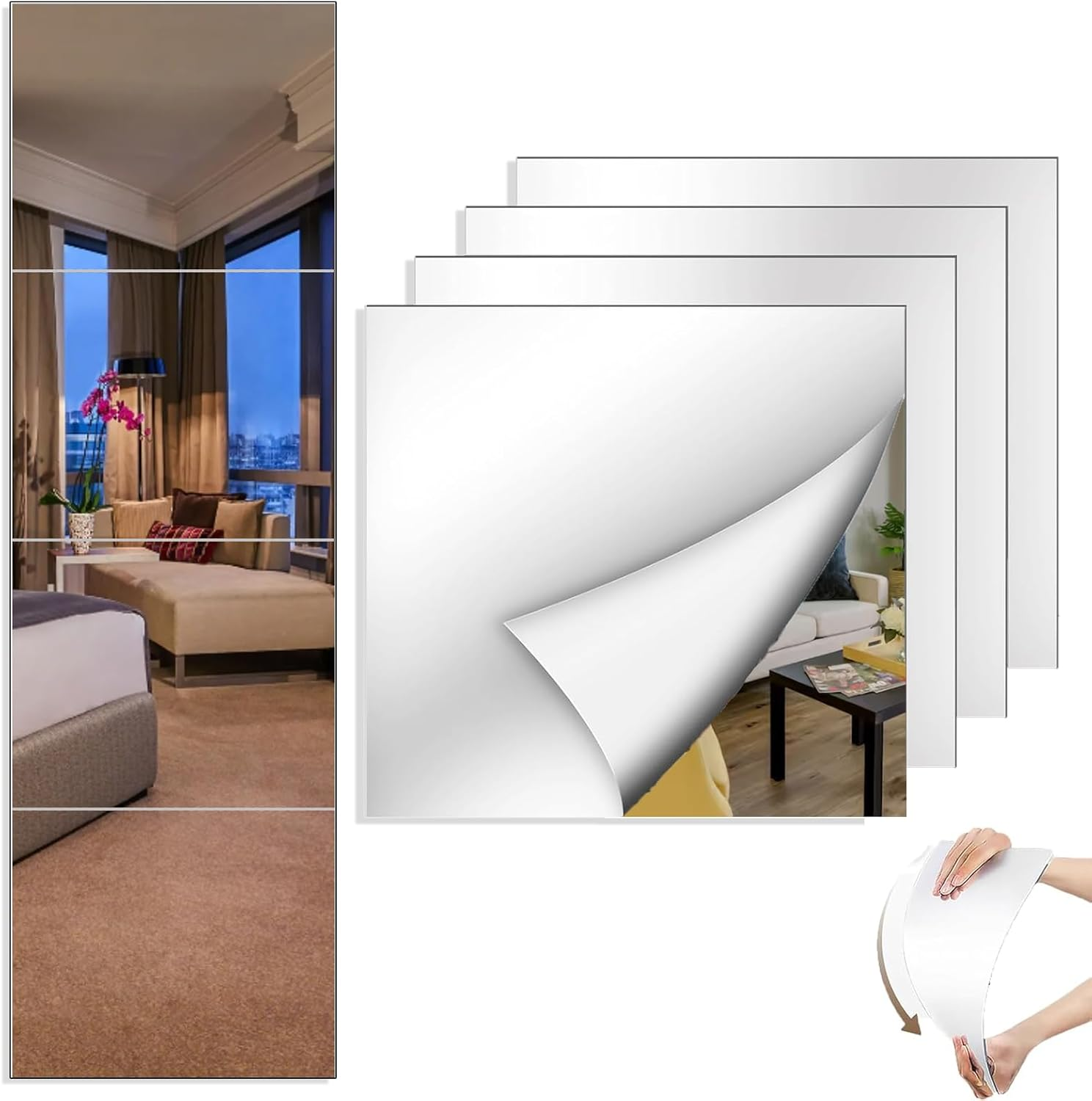 4 Pack Mirror Wall Full Length, 12X14 Inch Acrylic Mirror, Wall Mirror Full Length for Bedroom, Home Gym, Door, or Dorm, Full Body Mirror Tiles, Mirror Stickers for Walls,Mirror Sheets(Thickness 2 Mm) image number 6