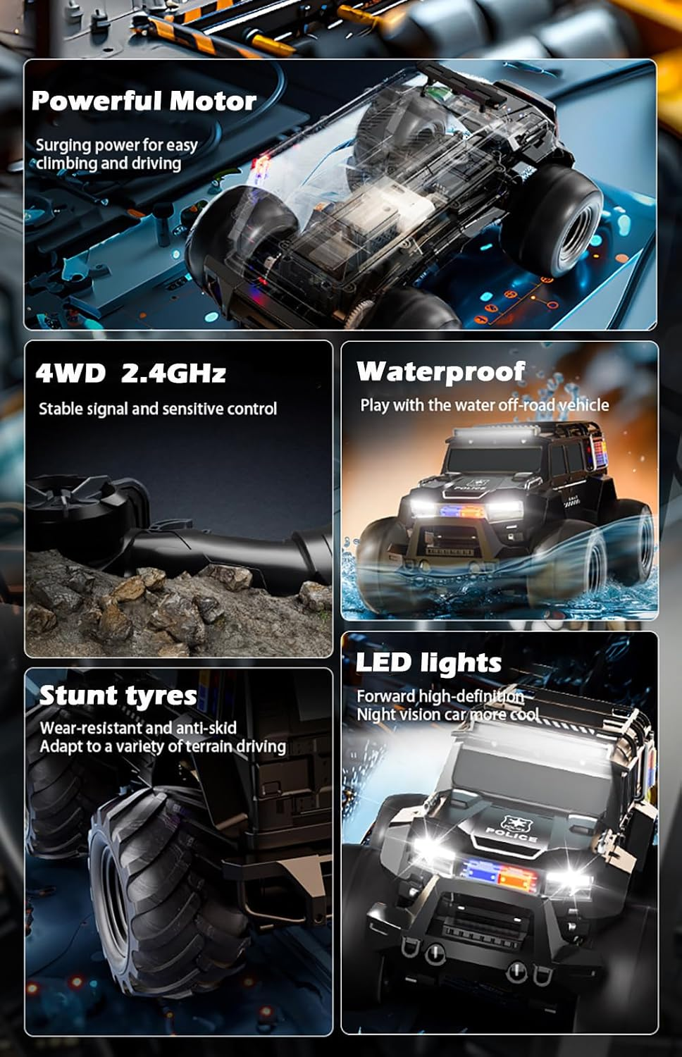 Amphibious Remote Control Car Waterproof Monster RC Cars 4WD All Terrain Off-Road Stunt Vehicle Toys with 2.4 Ghz LED Lights for 6 7 8 9 10 11 12+ Year Old Kids Boys Girls Gifts Presents (Blue)
