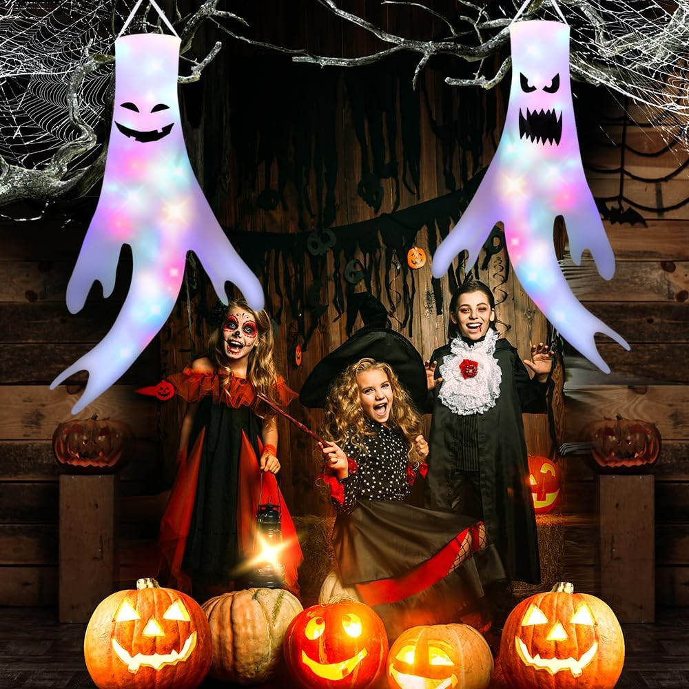 AUTOWT 2 PCS Halloween Ghost Windsocks with LED Lights, 51 Inch Light up Scary Hanging Ghost Windsocks Decor, Halloween Decorations for Home Indoor Outdoor Yard Party Supplies image number 1