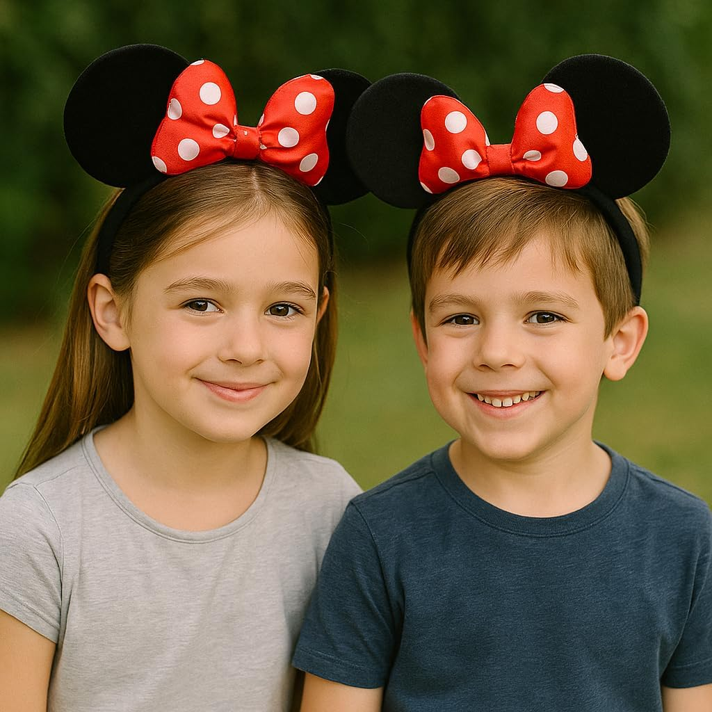 Mouse Ears Headband with Red Polka Dot Bow &ndash; Kids Costume Hair Accessory for Fancy Dress, Cosplay, Birthday Parties &ndash; Available in a 1, 3 or 5 Pack Set image number 1